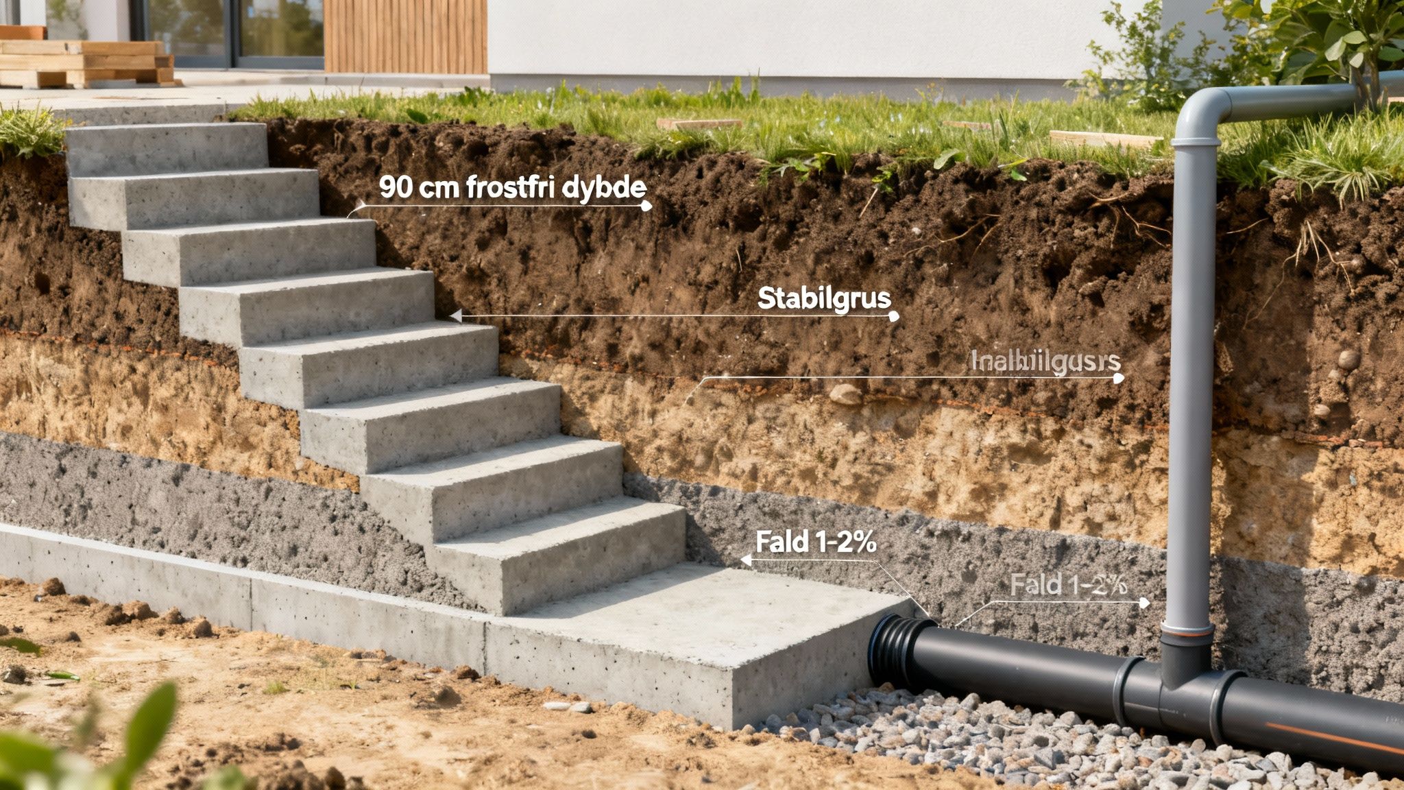 Illustration af udendørs betontrappes konstruktion med dræning, lagdelt jord og frostfri dybde.