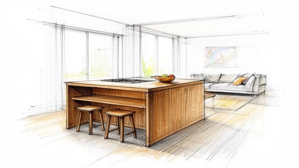 Håndtegnet skitse af et moderne åbent køkkenalrum med en stor kogeø, indbygget siddeplads og et hyggeligt opholdsområde med sofa.