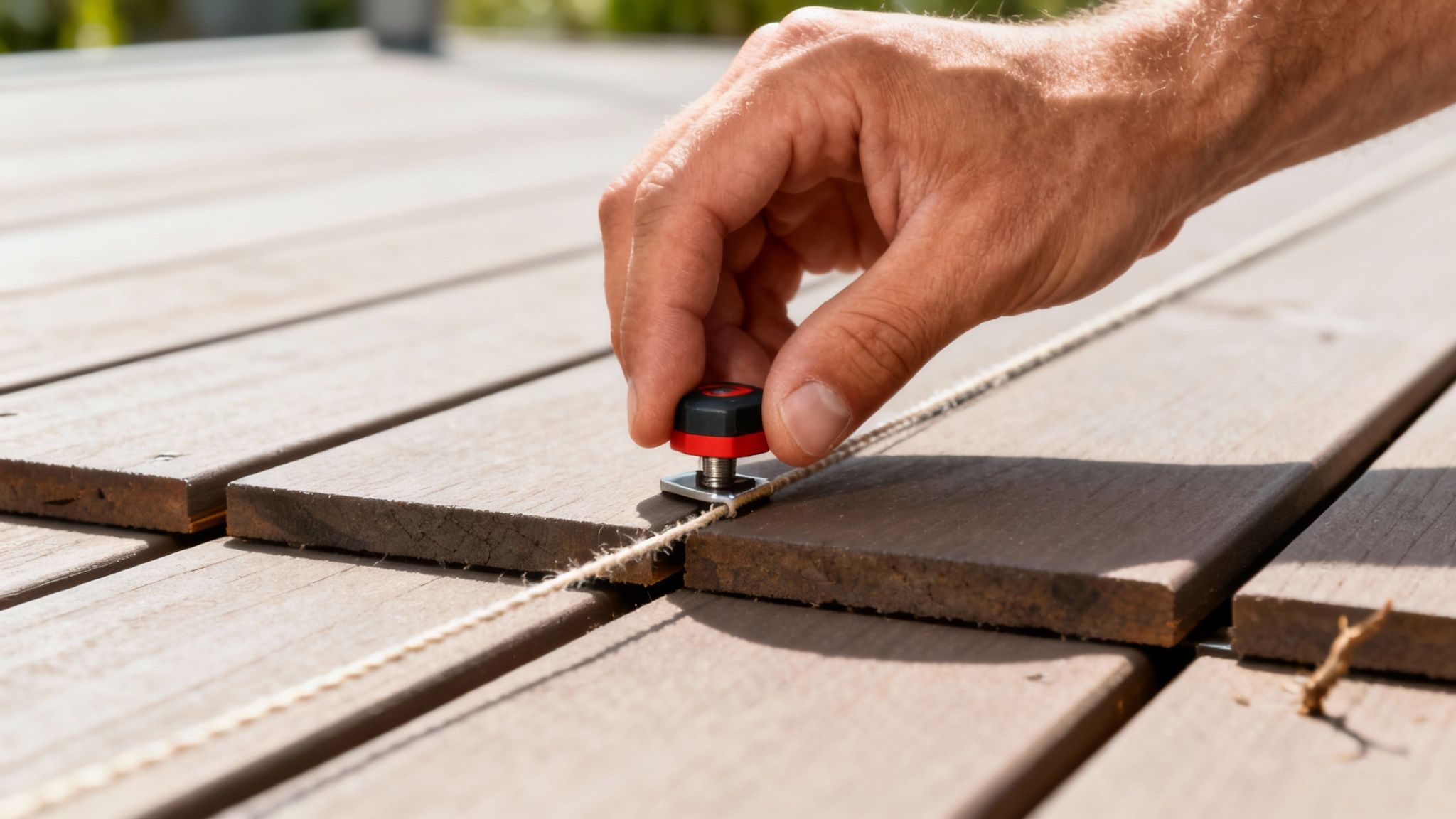 En tømrer bruger afstandsklodser til at sikre perfekt afstand mellem terrassebrædder.