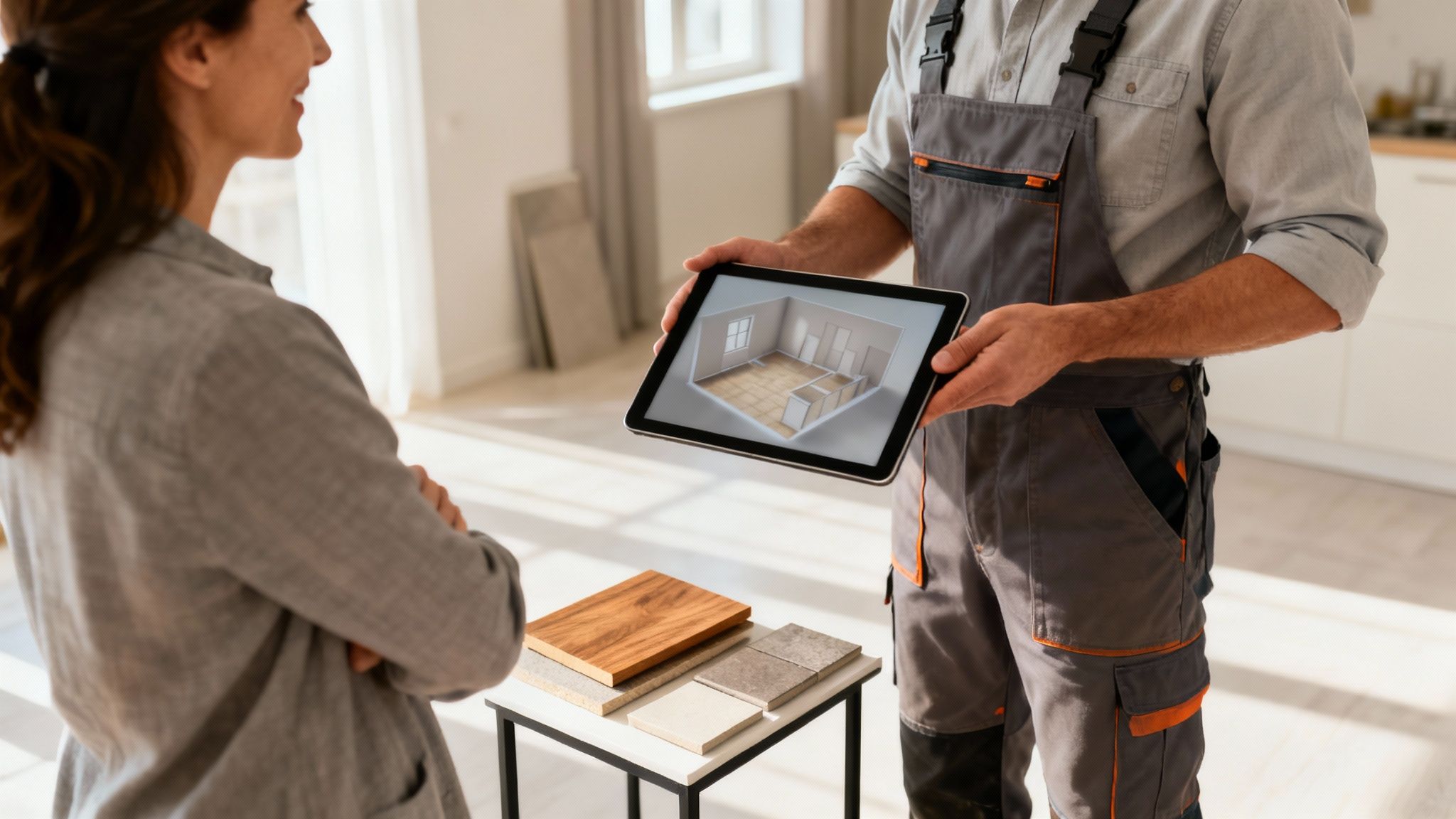 En håndværker viser en kvinde et 3D-rumdesign på en tablet under en renoveringskonsultation.