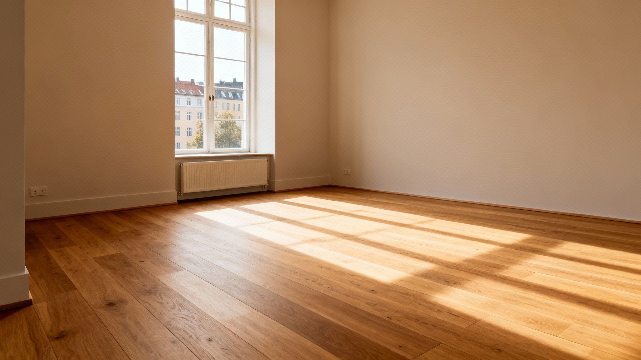 Et lyst, tomt rum med massivt plankegulv i eg, lyse vægge, et vindue og indfaldende sollys.