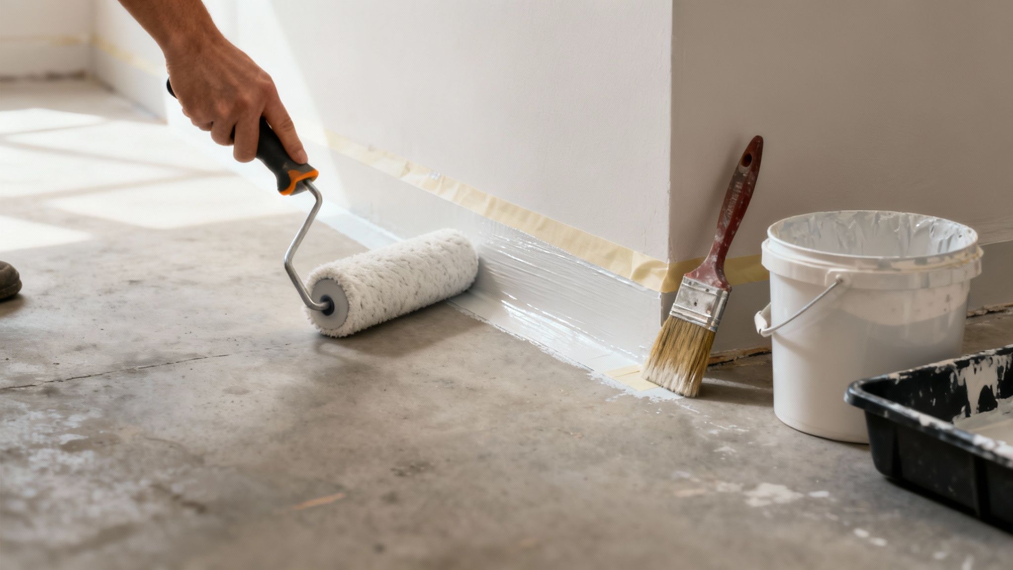 En person maler kanten af en væg med en rulle, grå maling påføres over et betongulv, med pensel og malerspand i nærheden.