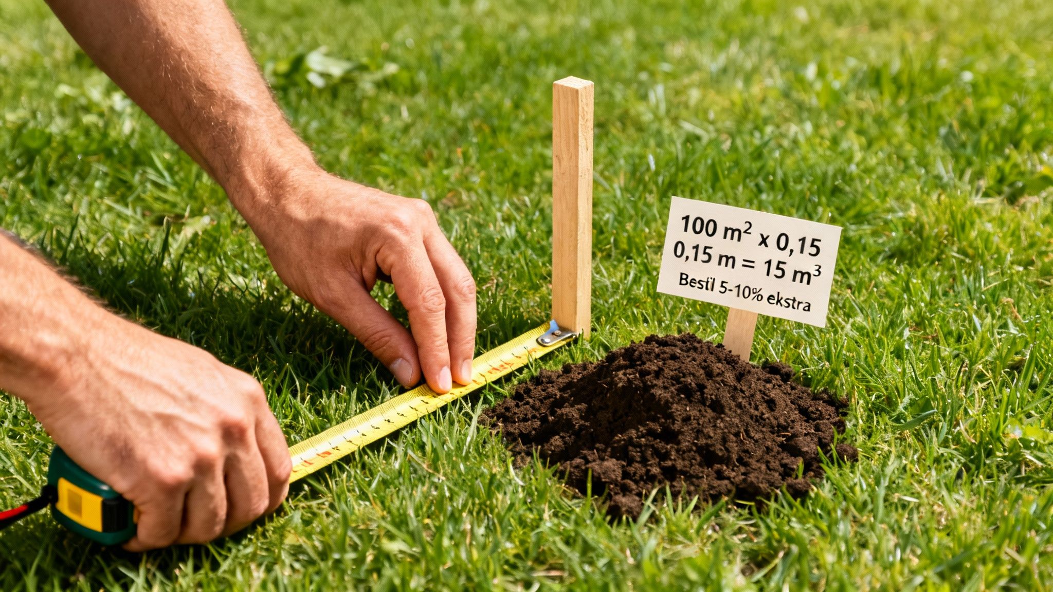 En person måler en jordbunke på en græsplæne med et målebånd, nær et skilt med beregninger for jordvolumen.