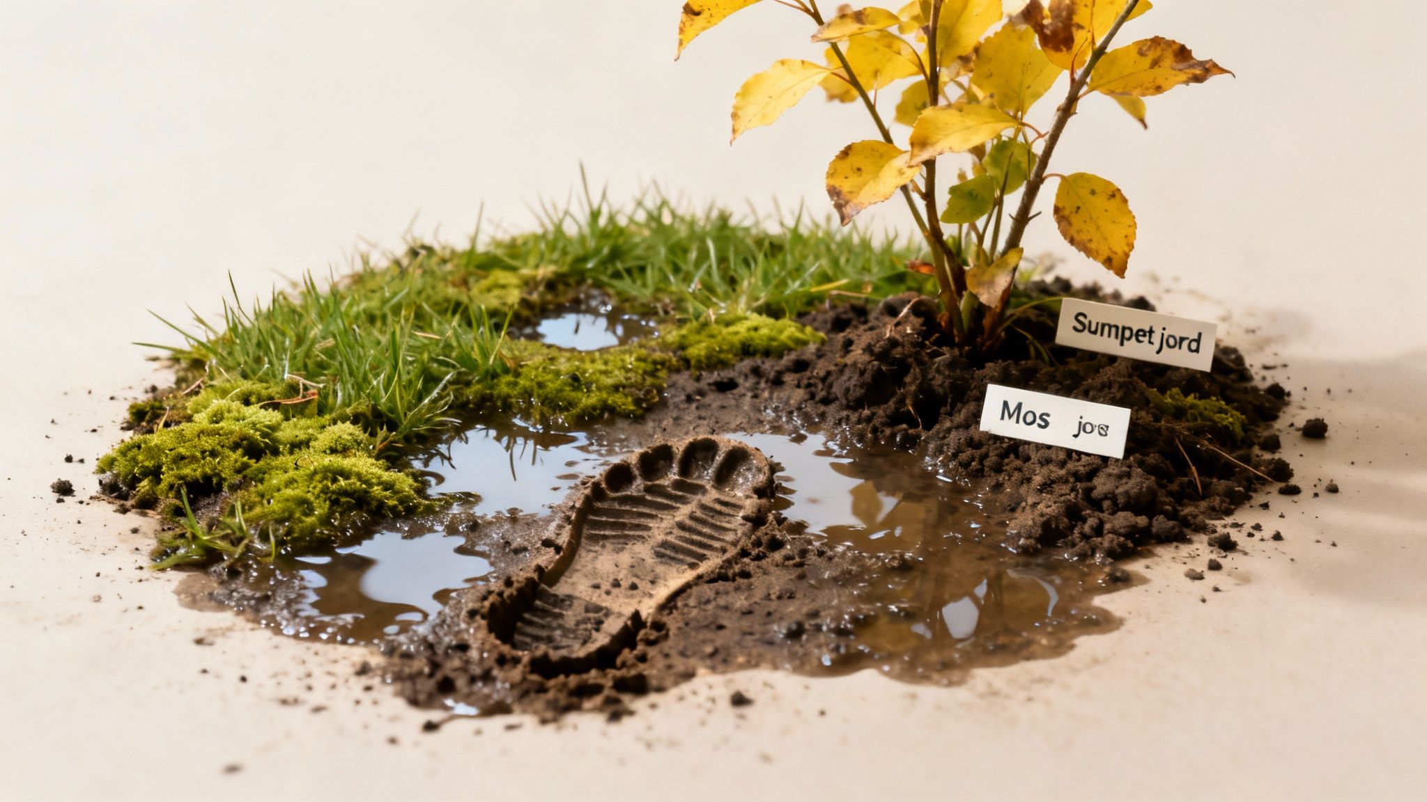 Billede af et miniaturelandskab med sumpet jord, vandpytter, græs, mos og et fodaftryk.