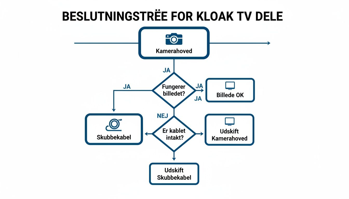 Beslutningstræ for fejlfinding af Kloak TV dele med trin for kamerahoved og kabler.