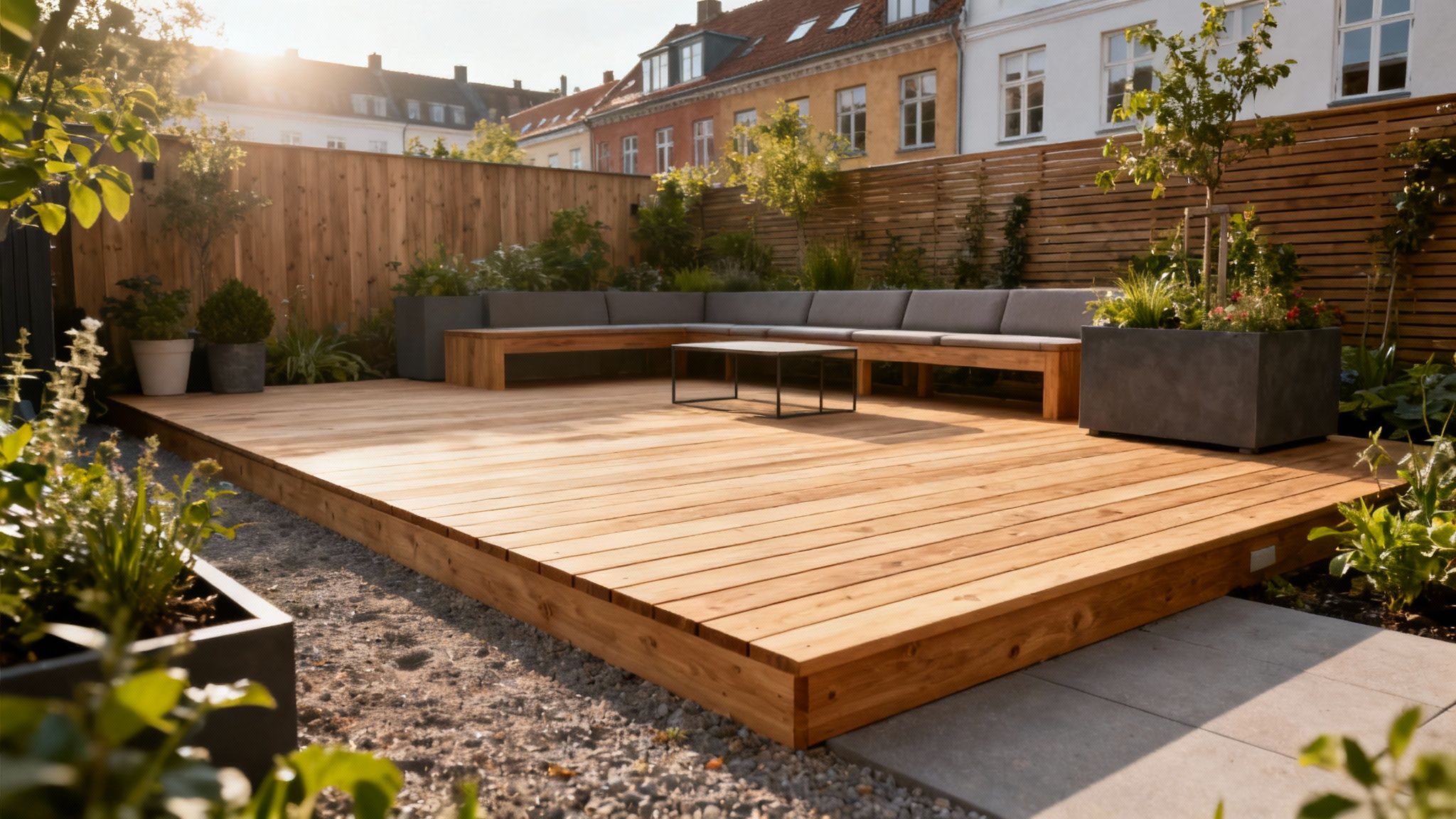 En færdigbygget træterrasse i sibirisk lærk med havemøbler, klar til brug.