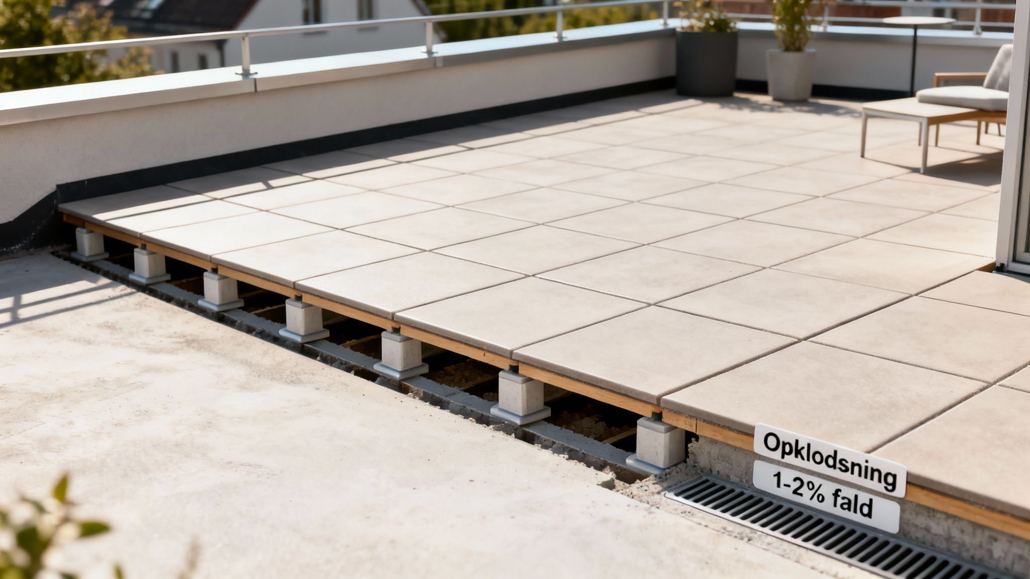 Detaljeret billede af opklodsning af fliser på altan med synligt fald og dræn.