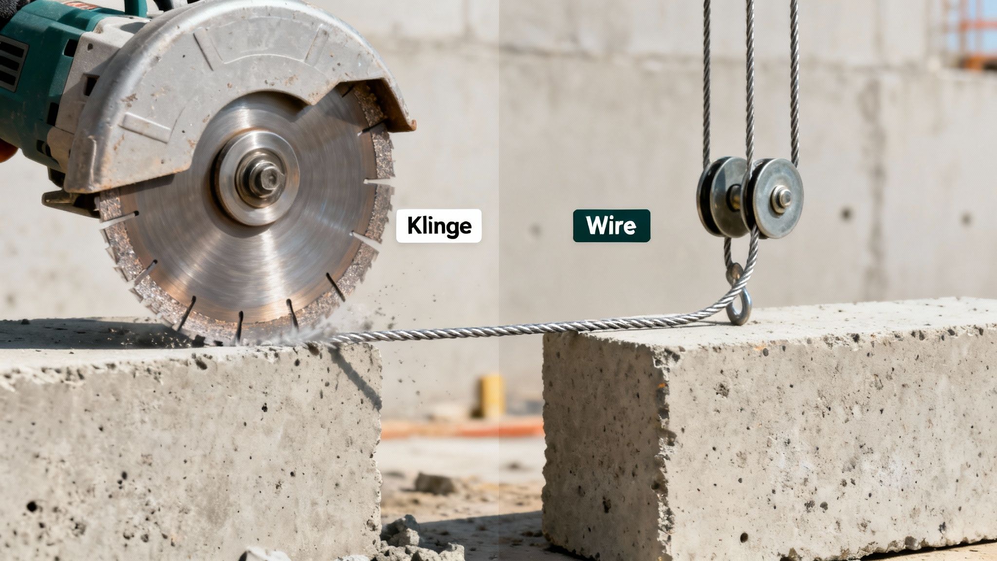 En vinkelsliber med klinge skærer i betonblok, mens wire og taljer bruges med en anden betonblok.