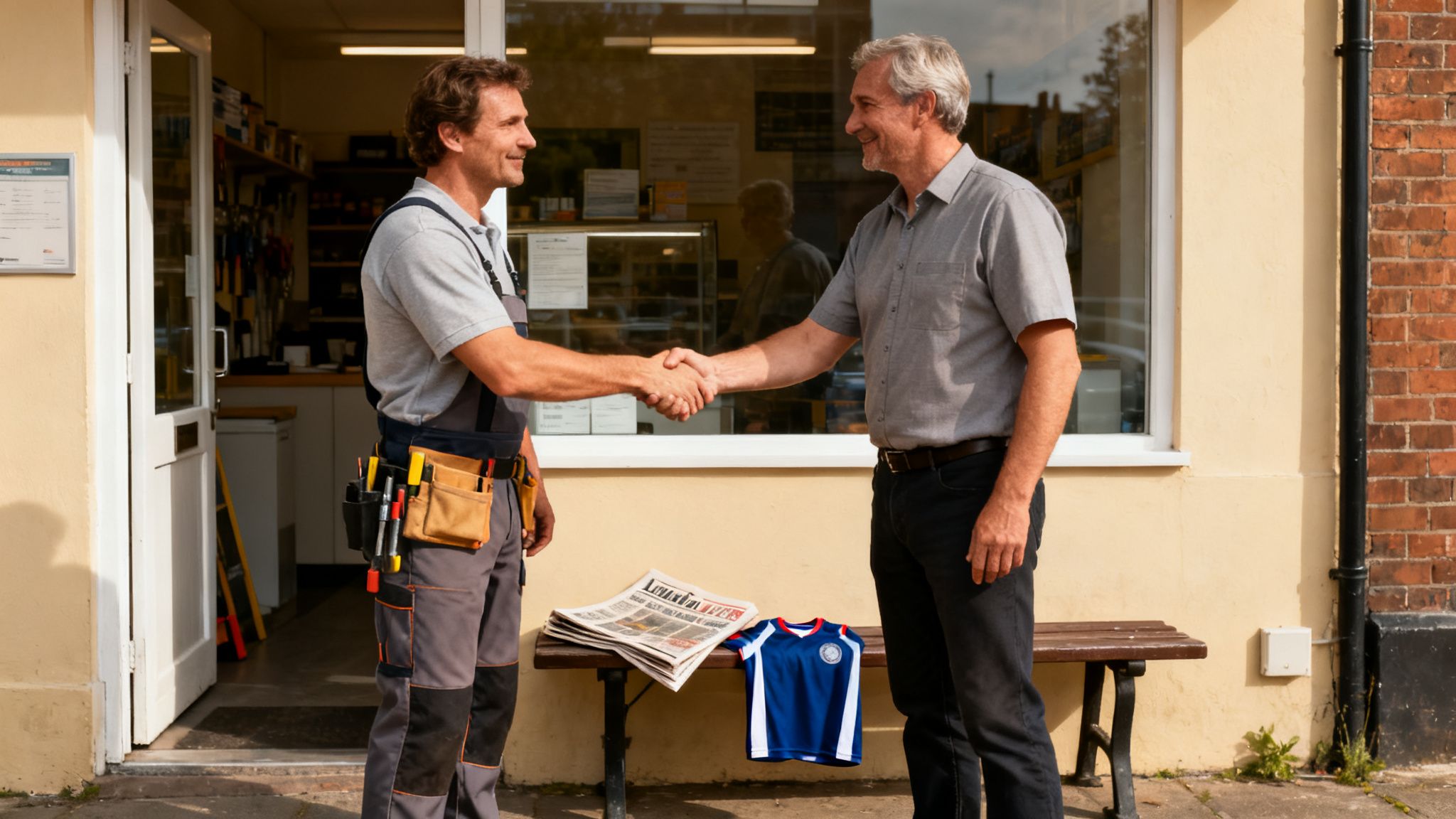To mænd, en håndværker og en kunde, giver hånd foran en butiksdør i dagslys.
