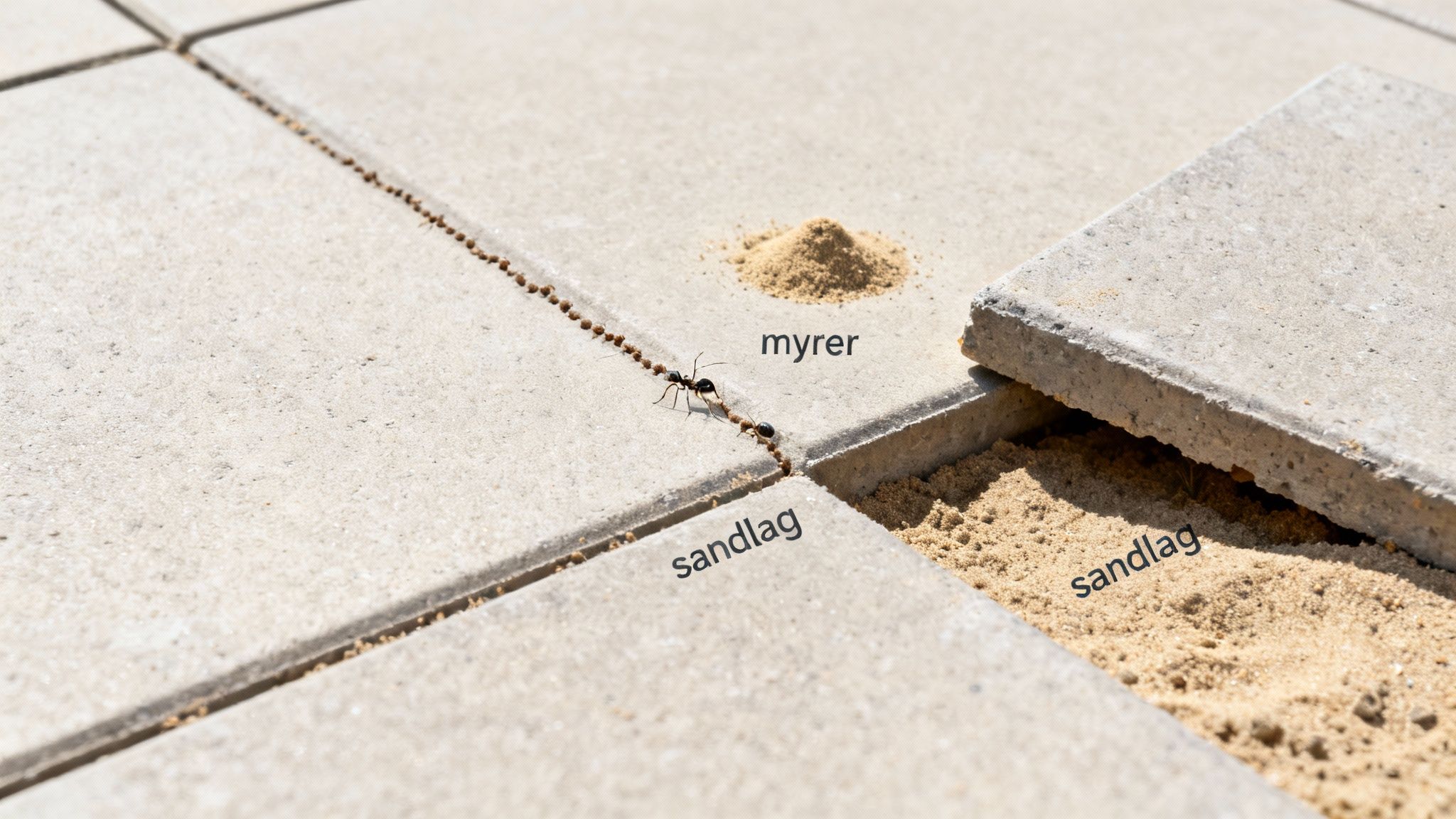 Myrer bygger rede under fliser, hvor sand er synligt. En lang række sandkorn viser aktivitet.