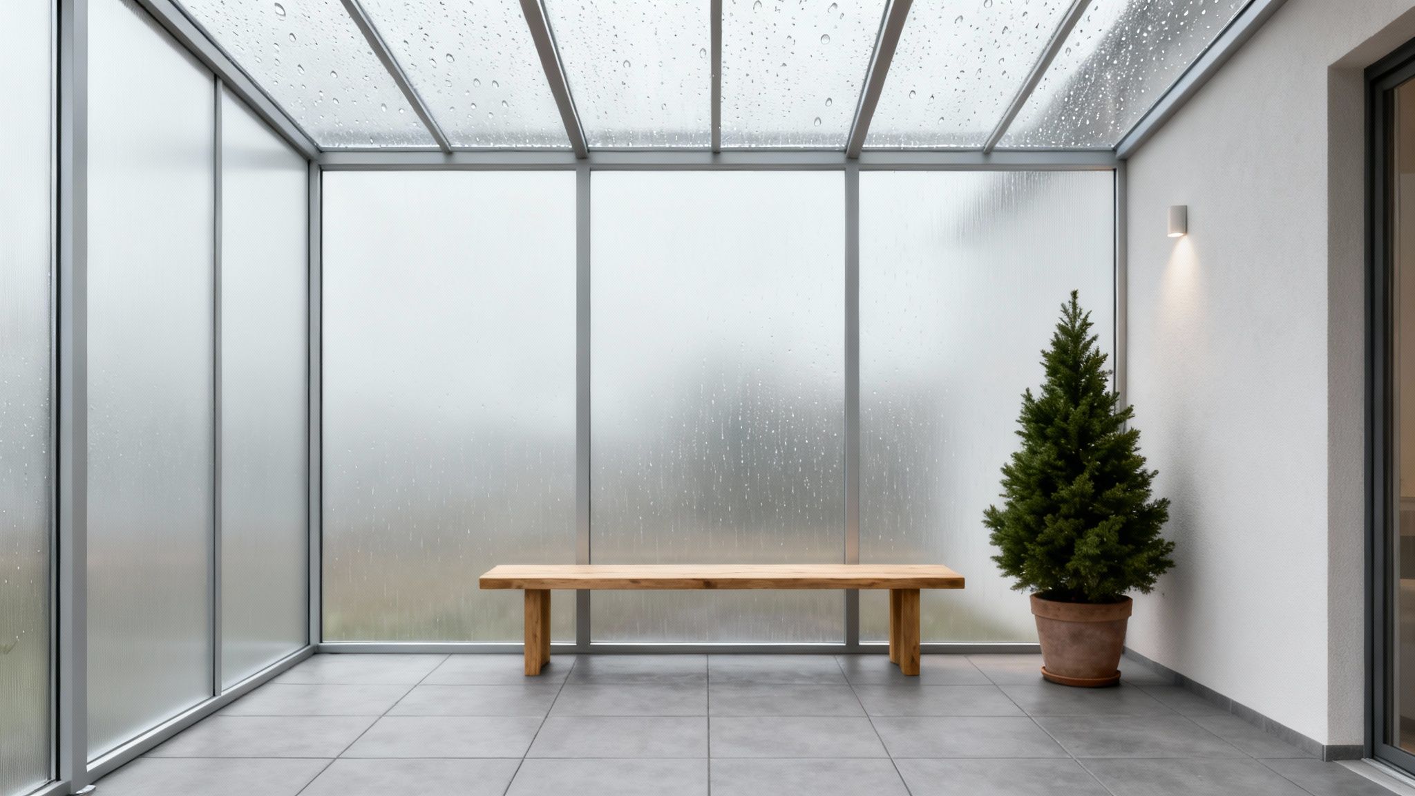 En overdækket terrasse med glasloft og matterede vinduer, en træbænk og et lille grantræ.