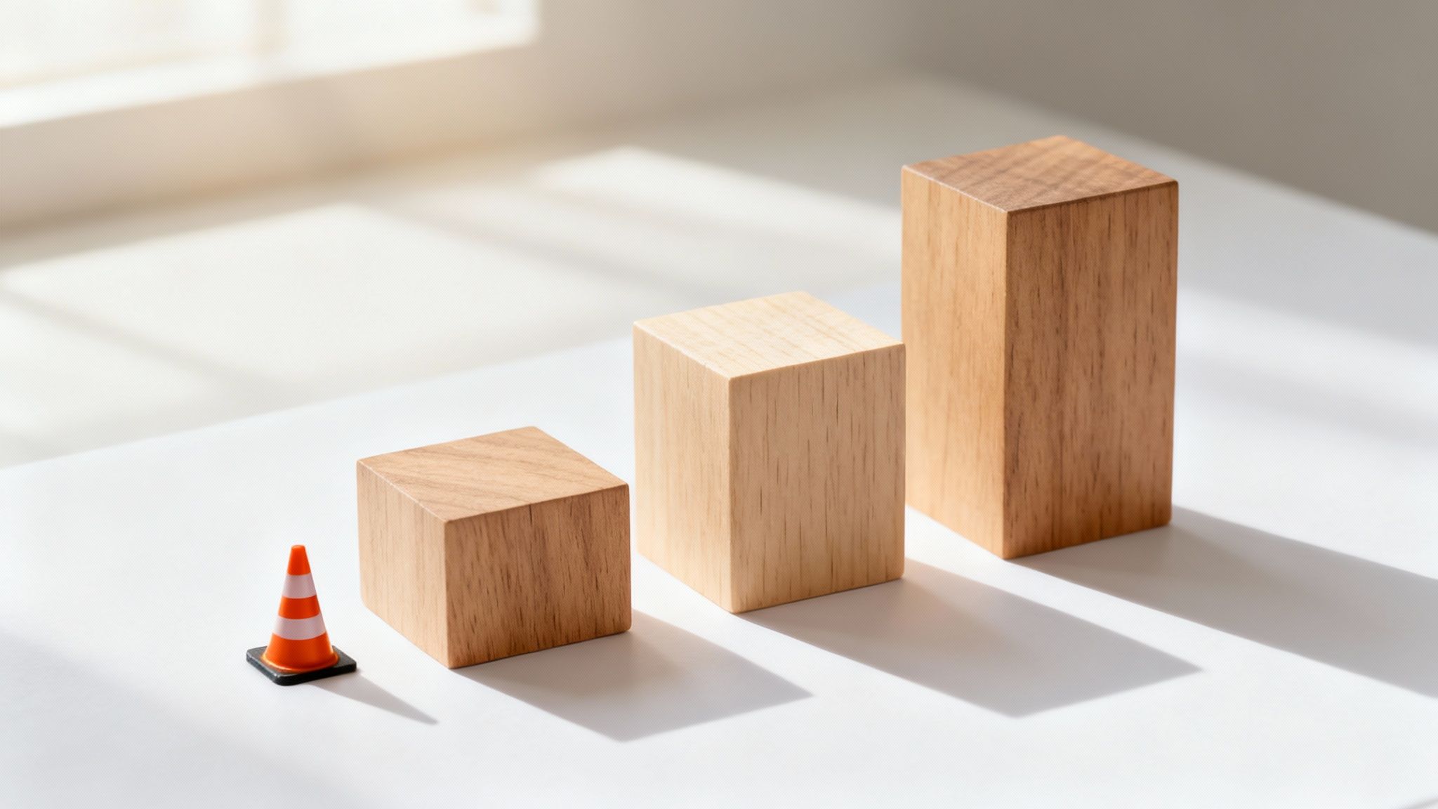 Tre træklodser, der symboliserer vækst, med en lille trafikkegle som en forhindring på vejen.