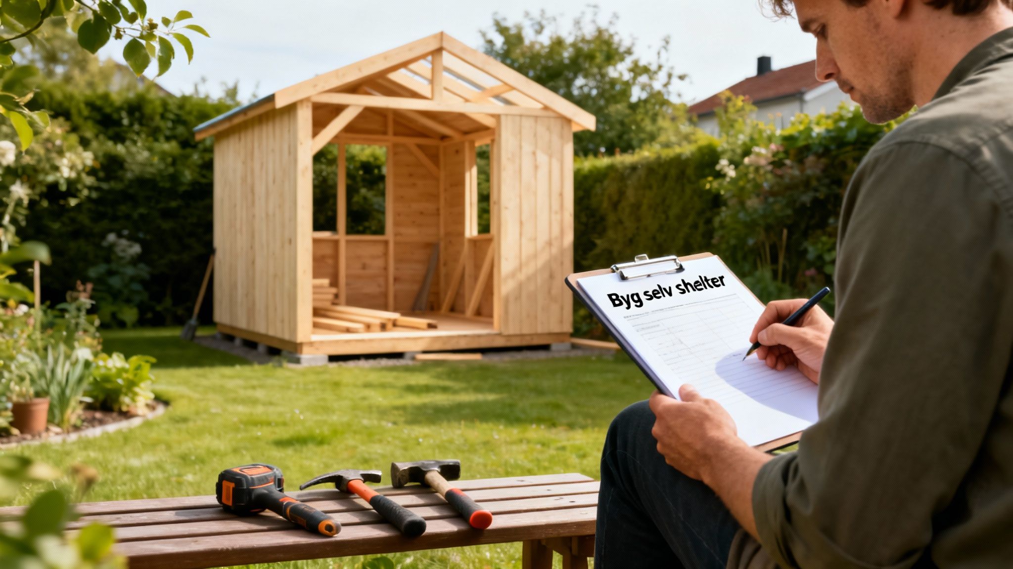 Mand sidder og skriver på et clipboard foran et ufærdigt træskur i en solrig have, med værktøj på bænken.