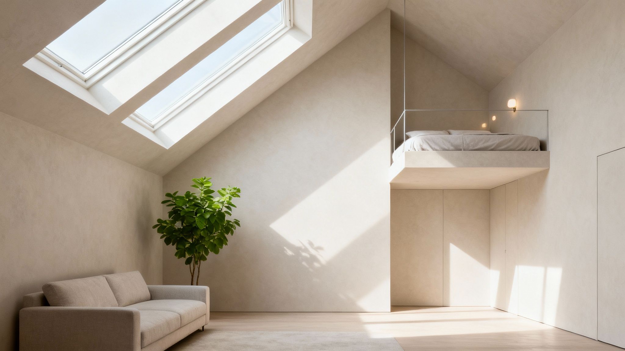 Minimalistisk loftværelse med ovenlys, ophøjet soveplatform, beige farver og moderne skandinavisk indretning