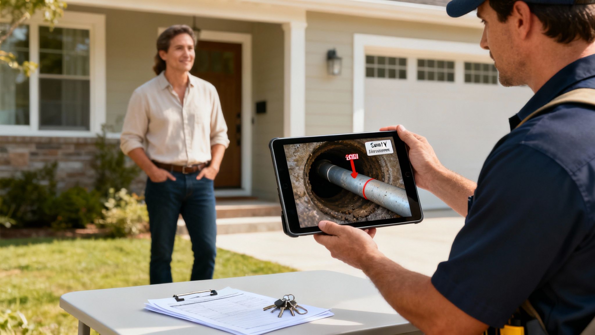 En tekniker viser en husejer billeder af en kloakinspektion på en tablet, der viser et rør i et afløb.