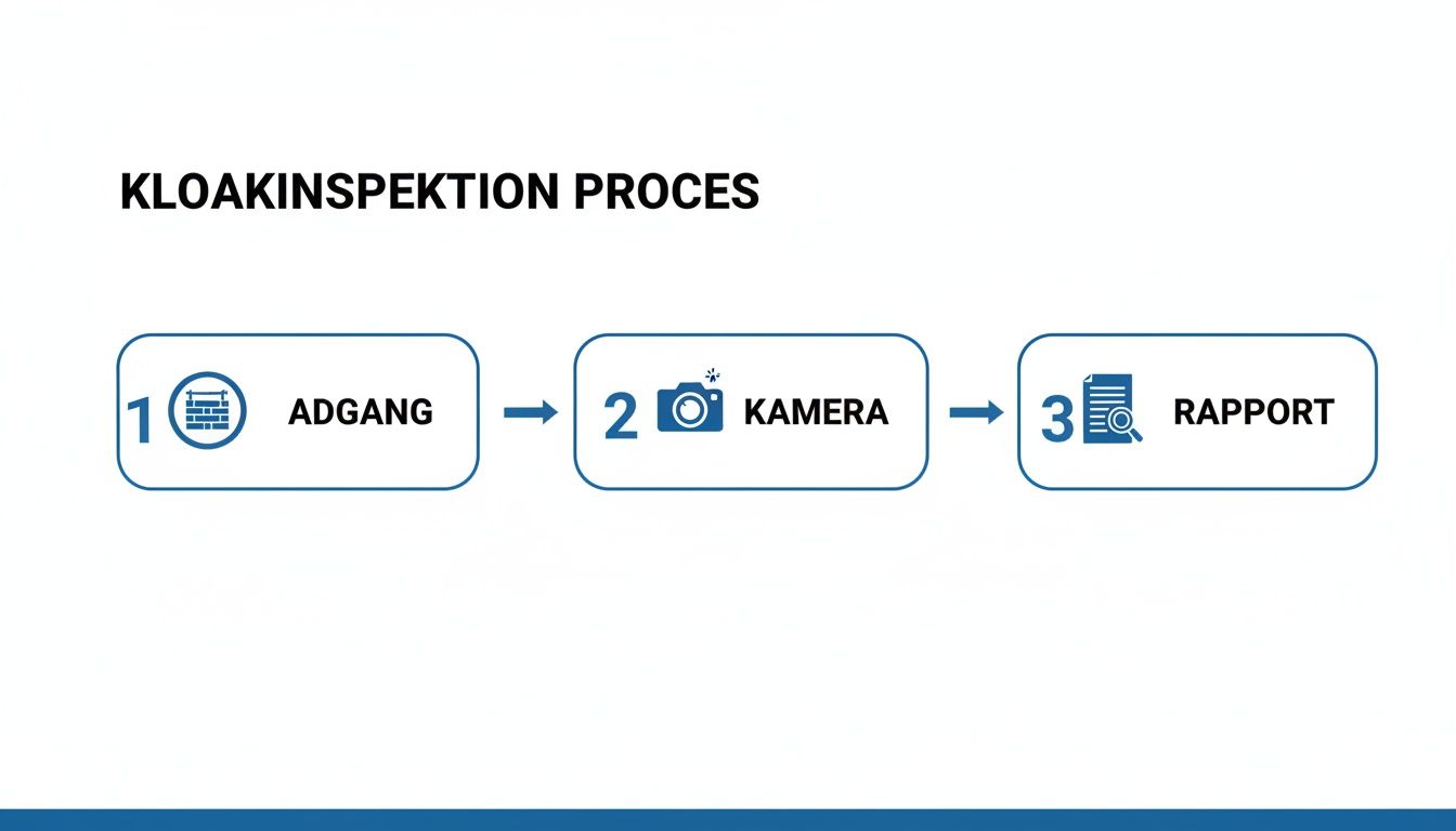 Diagram over kloakinspektionsprocessen med tre trin: adgang, kamera og rapport.