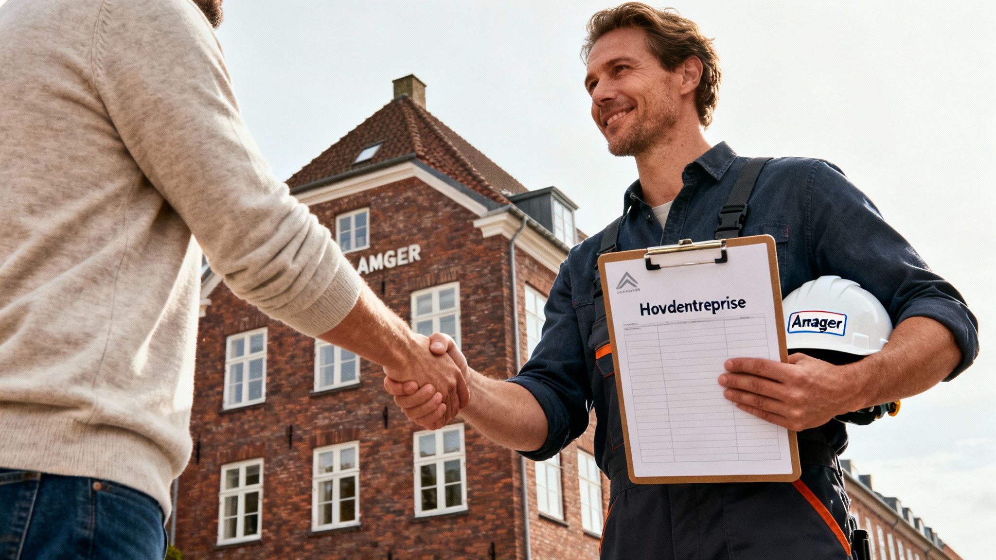 To mænd giver hånd udenfor; den ene holder en udklipsholder mærket 'Hovedentreprise' og en Amager-hjelm foran en bygning.