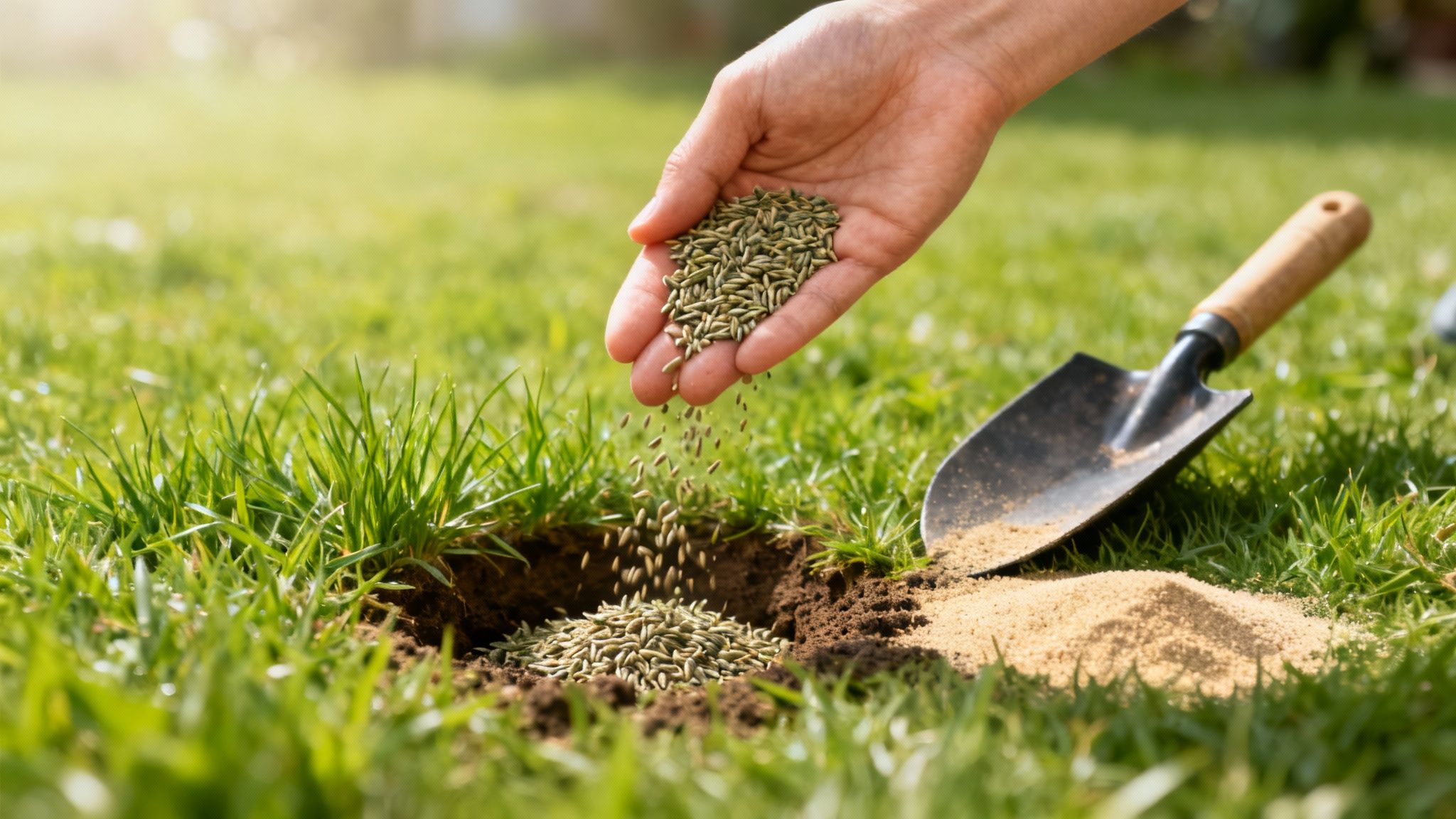 En person spreder græsfrø på en nyligt behandlet græsplæne.