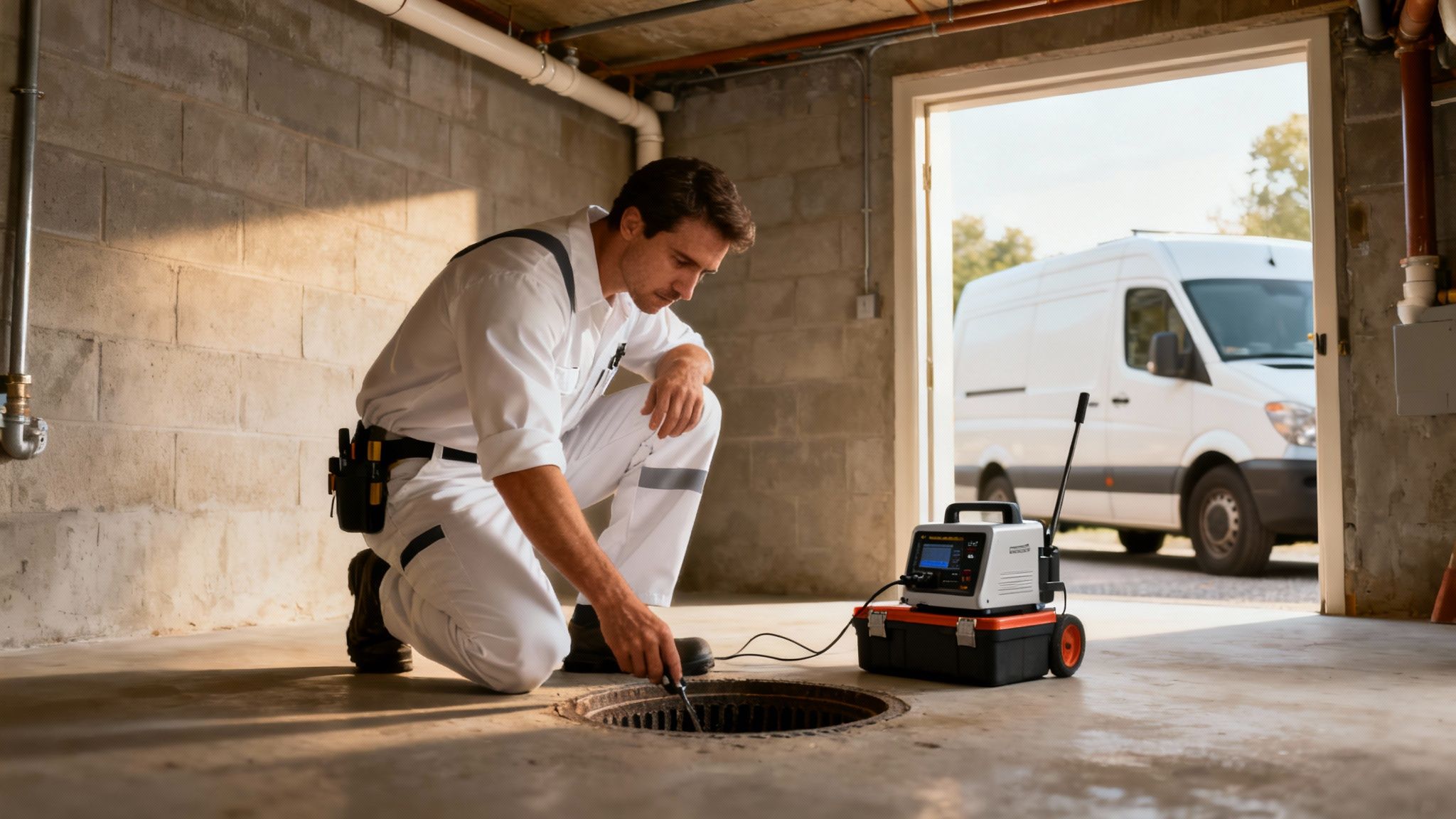 En tekniker i hvidt tøj inspicerer et stoppet afløb med specialudstyr i en kælder.