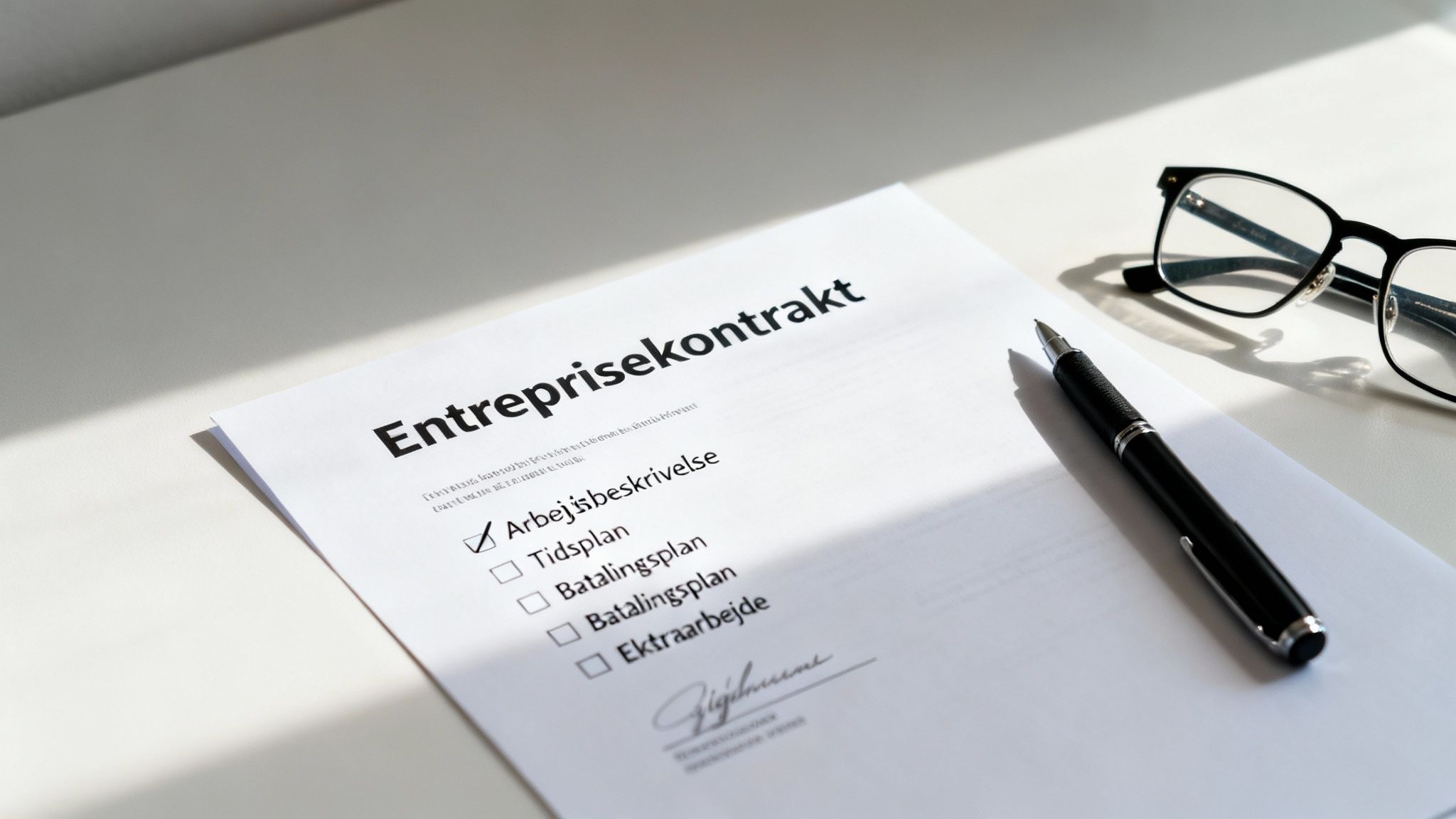Kontraktpapir med titlen 'Entreprisekontrakt' og afkrydsningsfelter, en pen og briller på et hvidt bord.