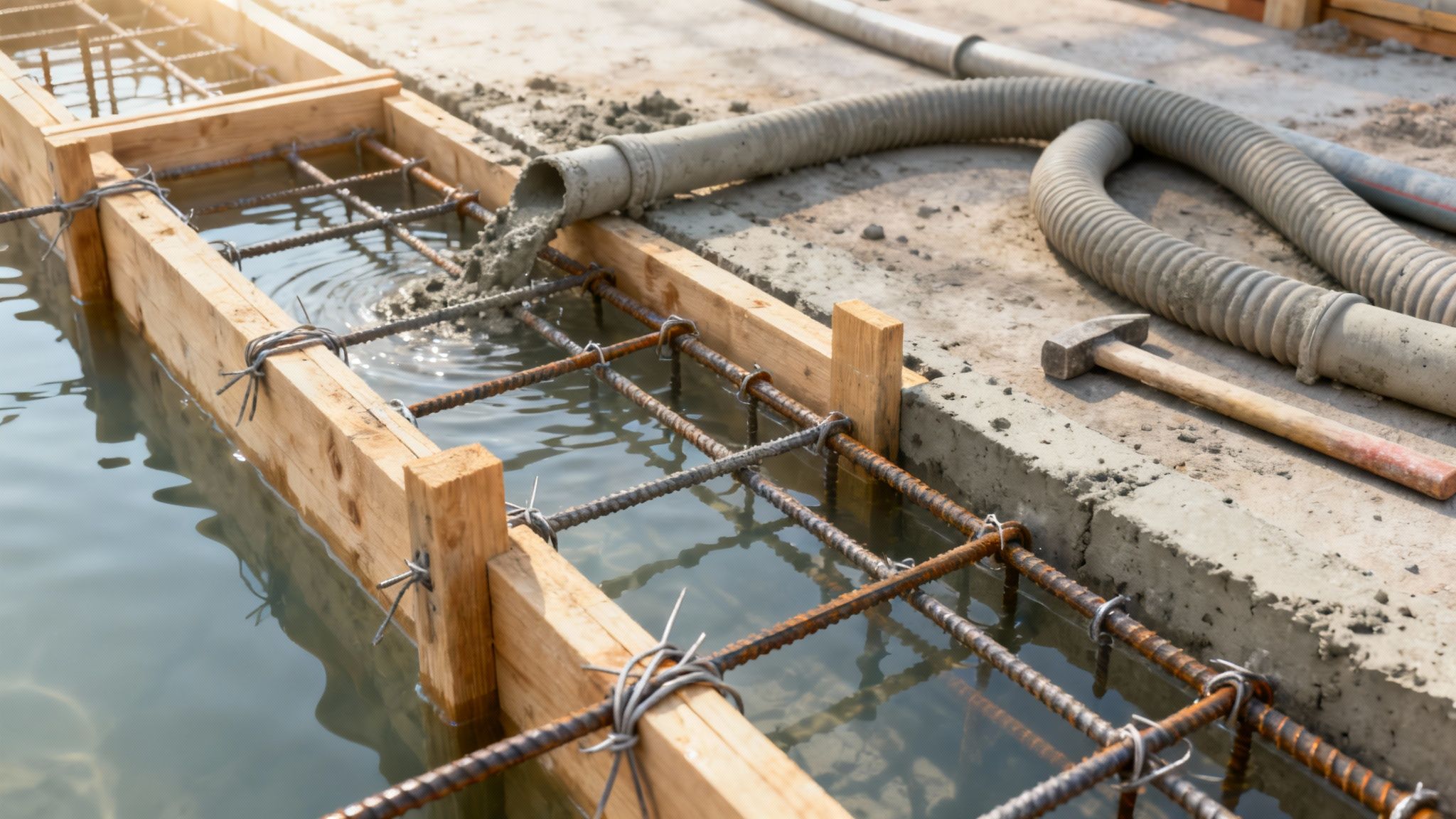 Beton hældes fra en pumpe ind i et fundament med armeringsjern, delvist fyldt med vand. En hammer ligger på jorden.