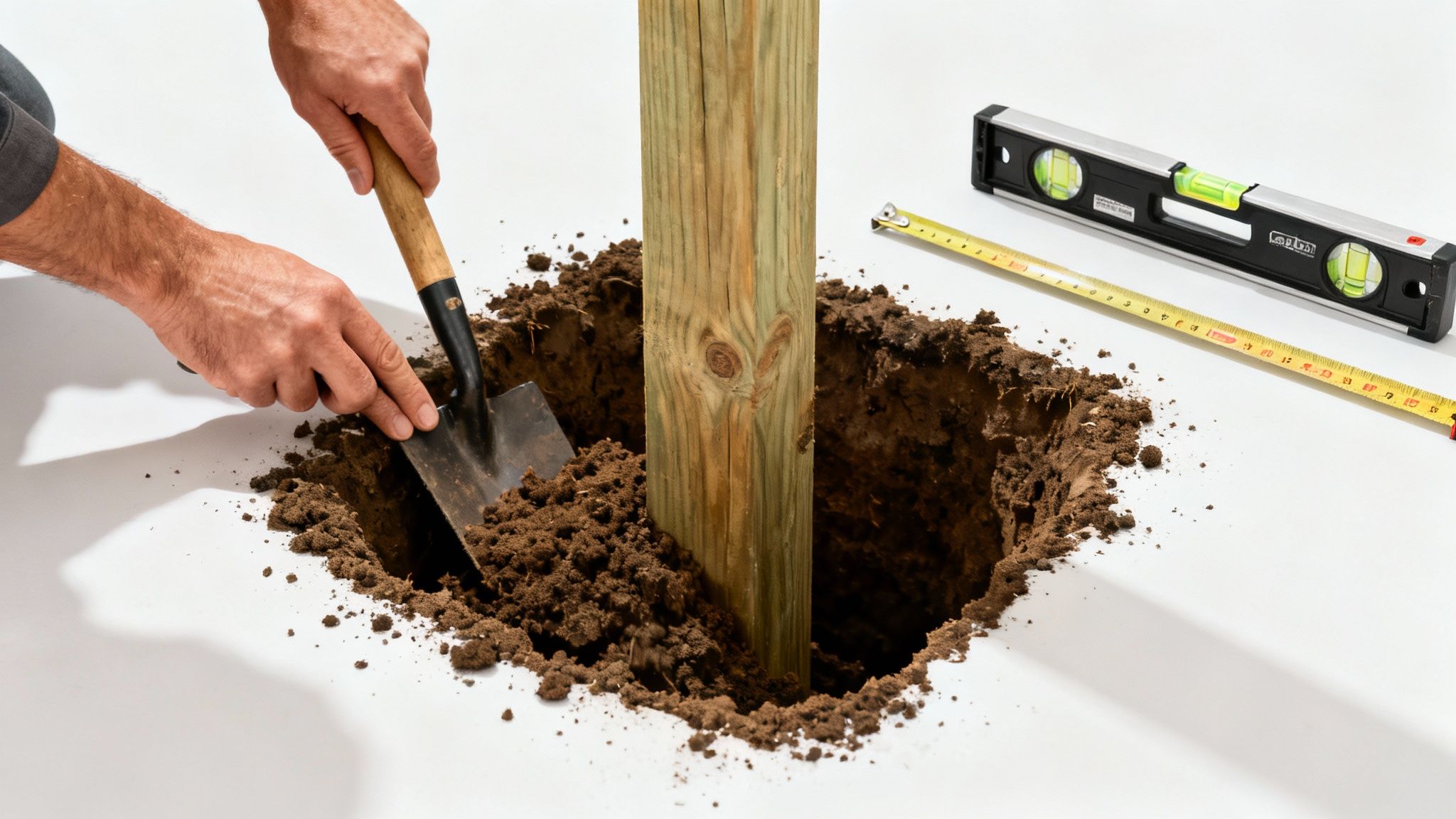 En person skovler jord omkring en træpæl i et hul, med et vaterpas og målebånd i nærheden.