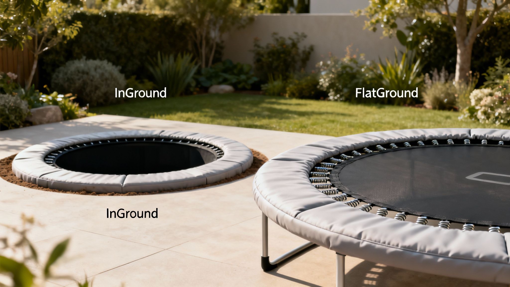 To trampoliner i en have, en nedgravet InGround og en fritstående FlatGround model.