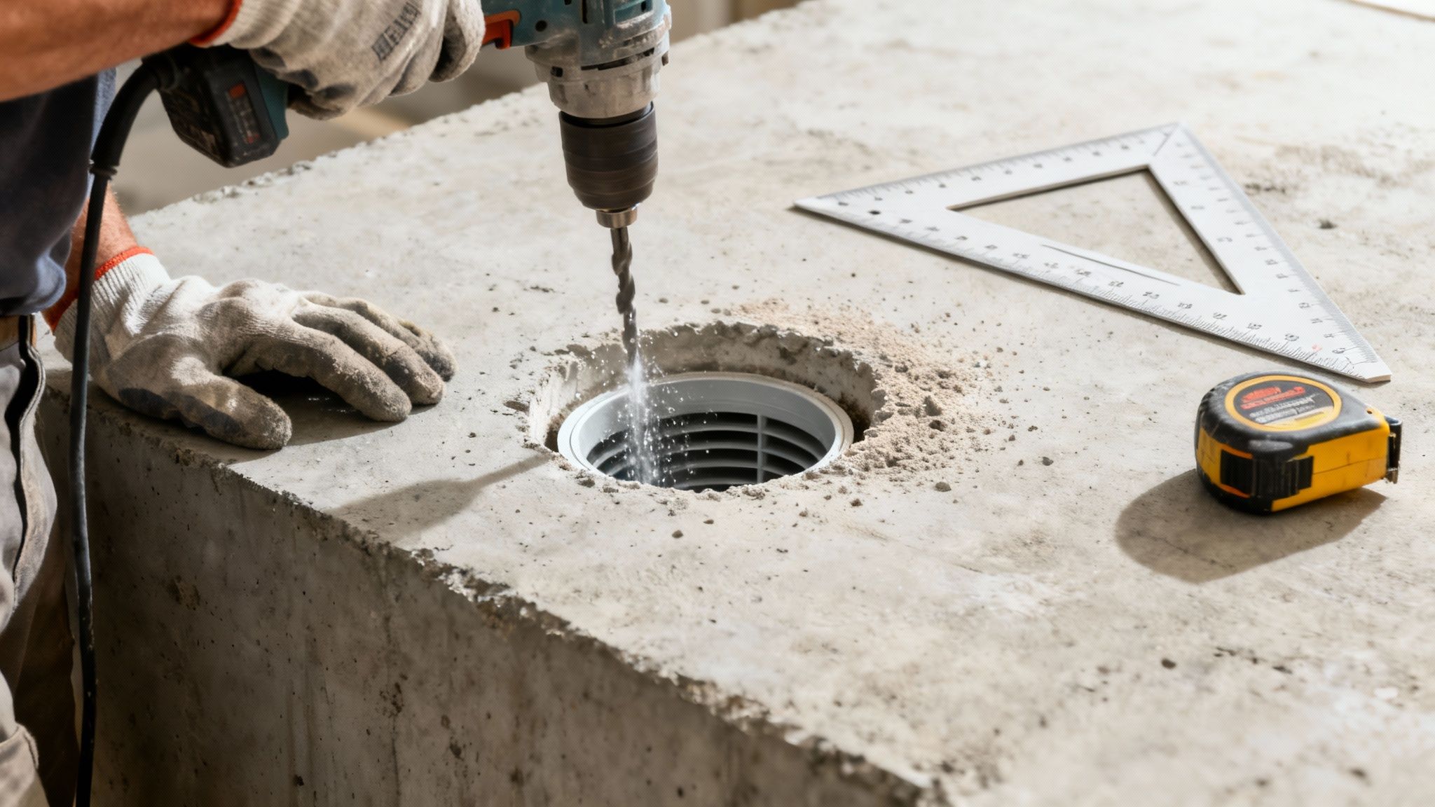 En person borer et hul i beton med et diamantbor, med et målebånd og en vinkelmåler liggende ved siden af.