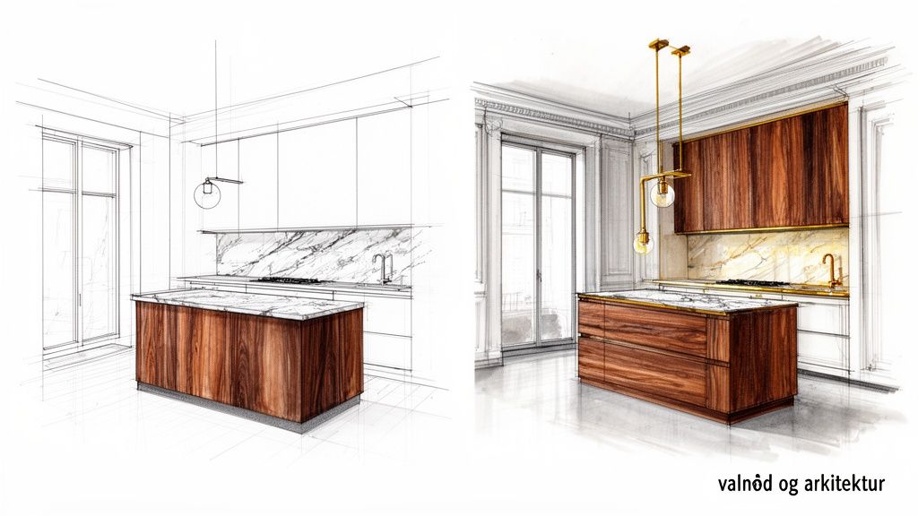 Detaljeret skitse og farvelagt illustration af et stilrent køkken med valnød og marmor.