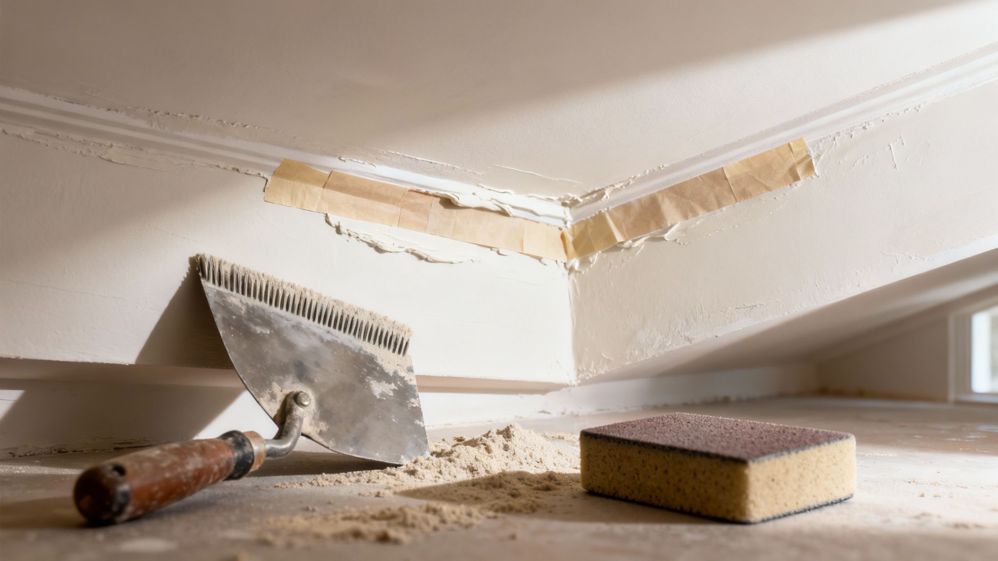 Renovering af loft og væg med spartel og slibesvamp. Gipsstøv på gulvet efter spartling.