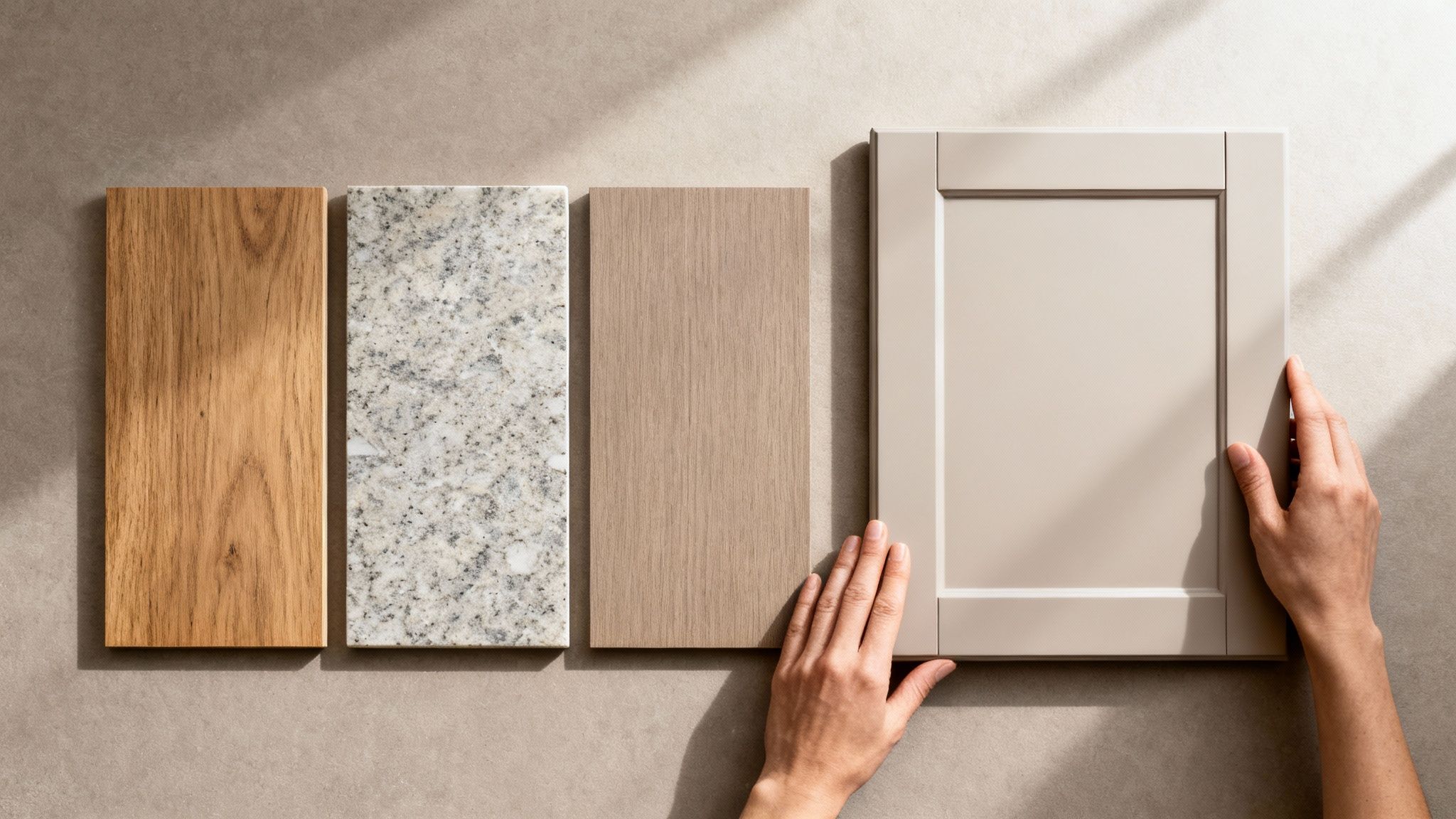 Køkkenmaterialeprøver med træ, granit, træeffektpanel og beige skabslåge. Hænder rører ved skabet for at vælge.