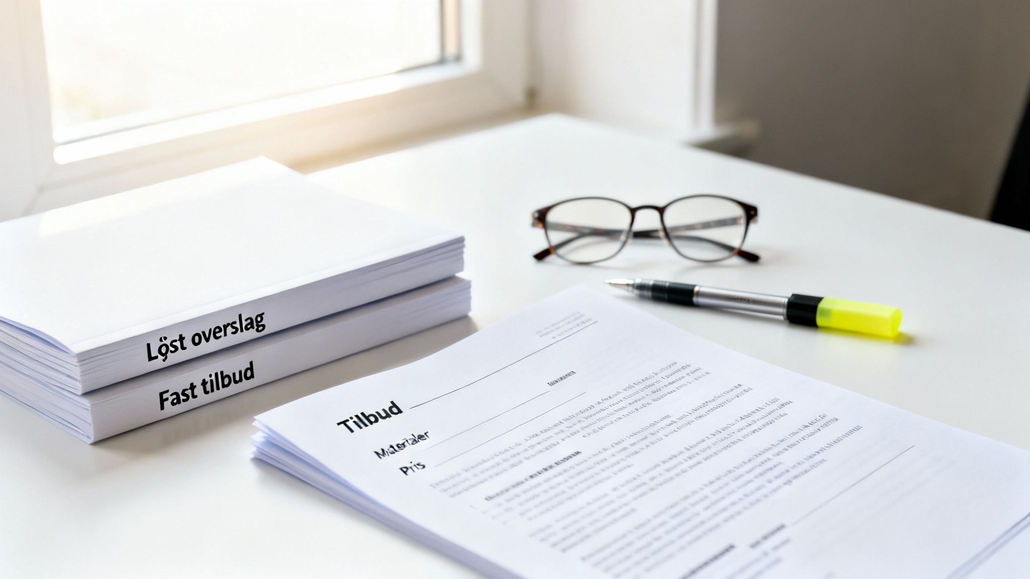 Skrivebord med stakke af papirer mærket 'Löst overslag' og 'Fast tilbud', samt et tilbudsdokument, briller og overstregningstusch.