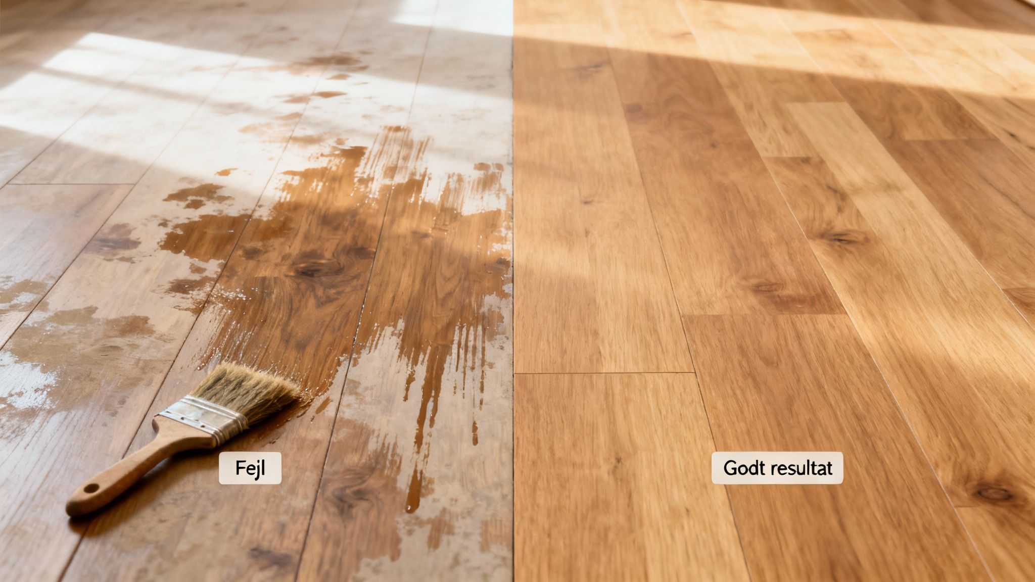 Billede af et trægulv delt i to, der viser en pensel og forkert vs. korrekt gulvbehandling.