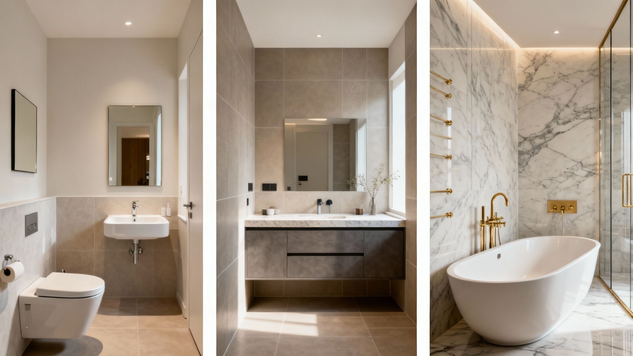 Et luksuriøst badeværelse med fritstående badekar og moderne design