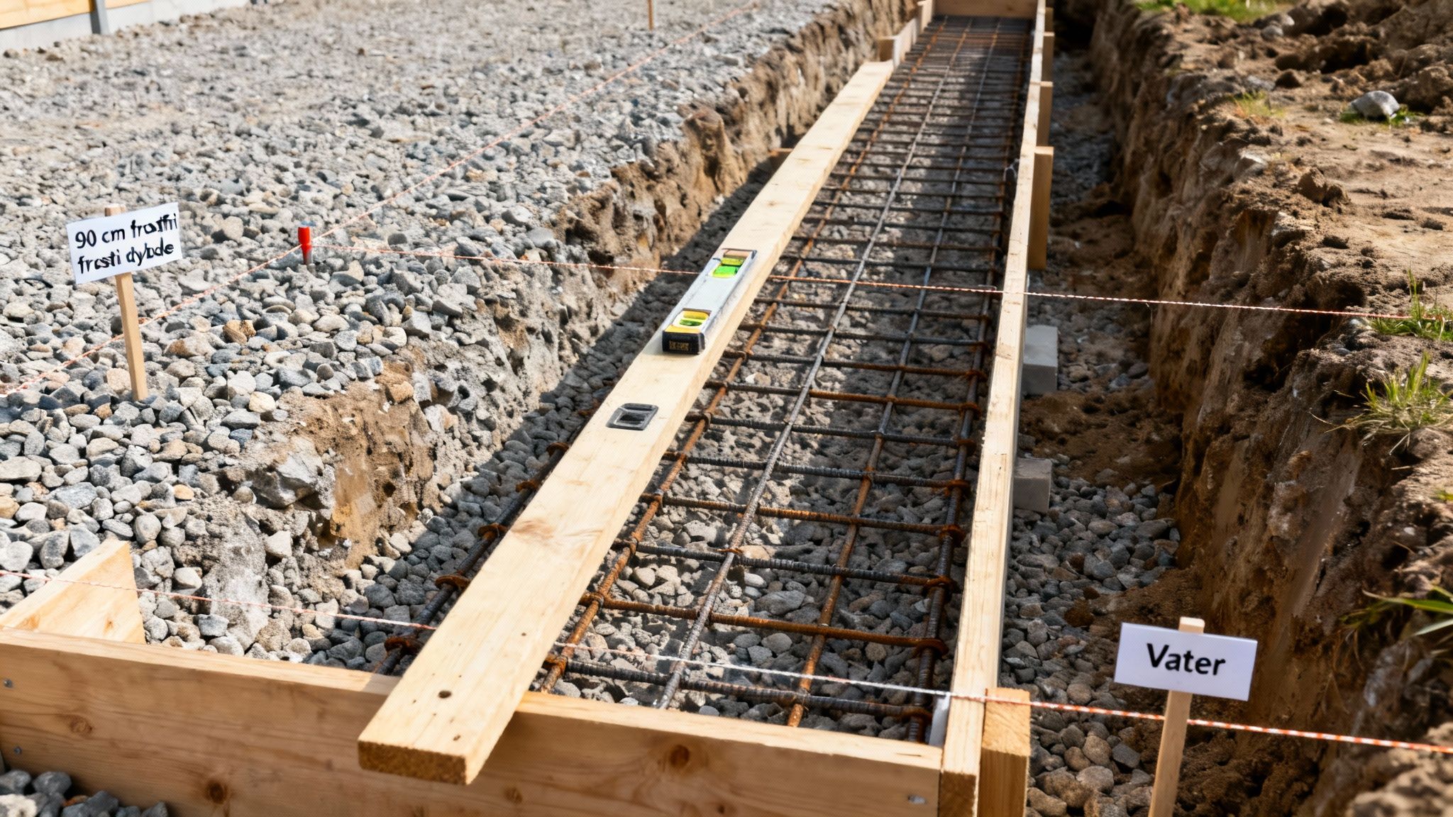 Byggeplads med udgravet fundament, armeringsjern og vaterpas forbereder bygning af drivhus.