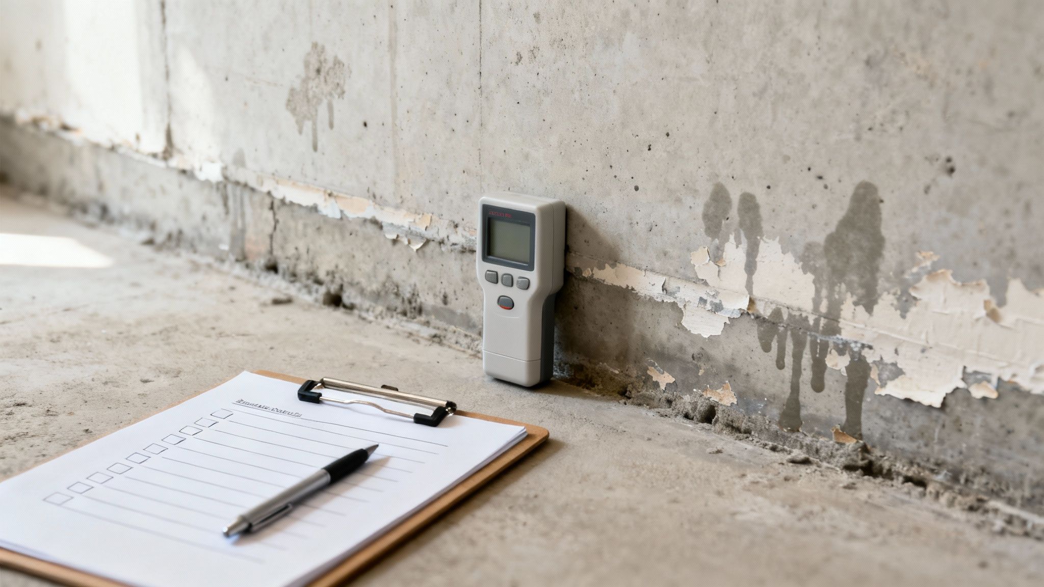 Fugtmåler på væg med fugtskader og afskallende maling, ved siden af en tjekliste.