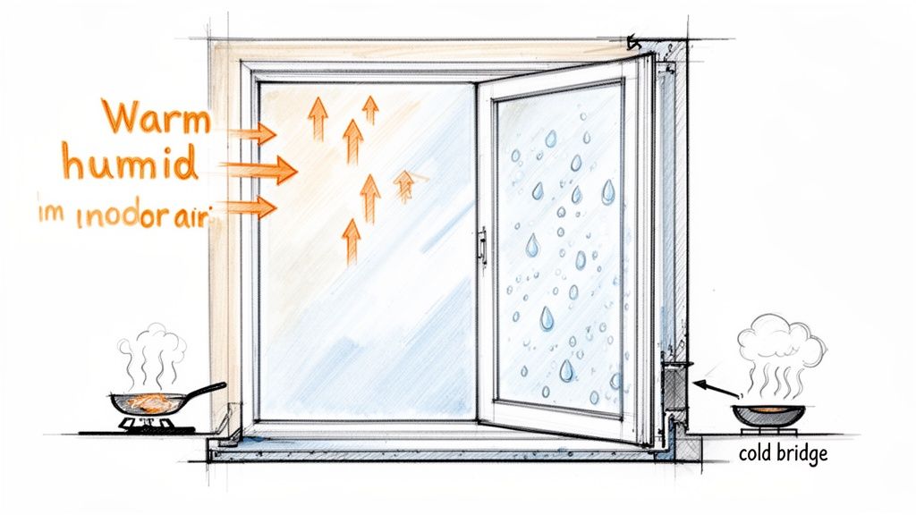 Illustrerer varm, fugtig indeluft, kondens på vinduer og en kuldebro, ofte forårsaget af madlavning.