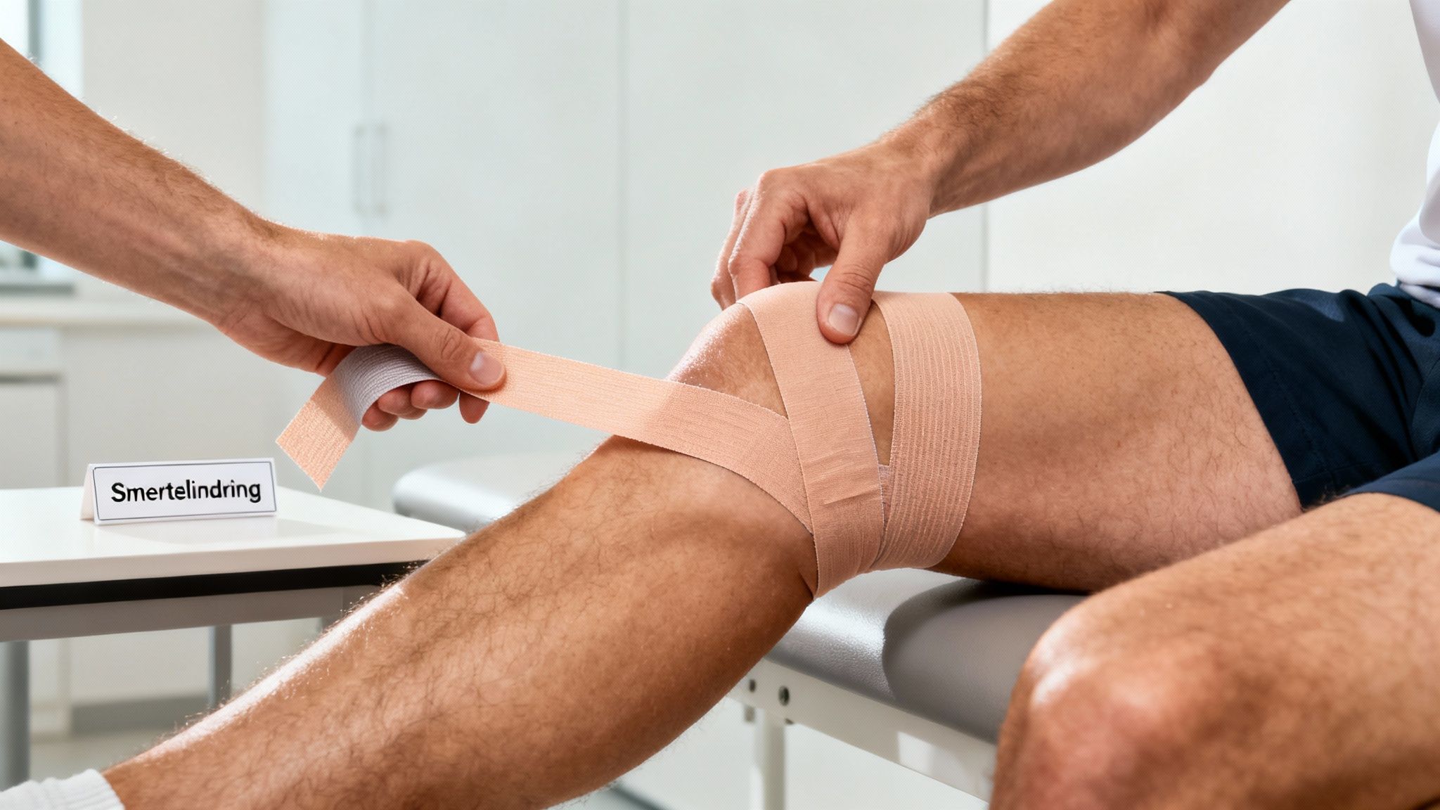 En person får sit knæ tapet med sportstape af en anden person for smertelindring.