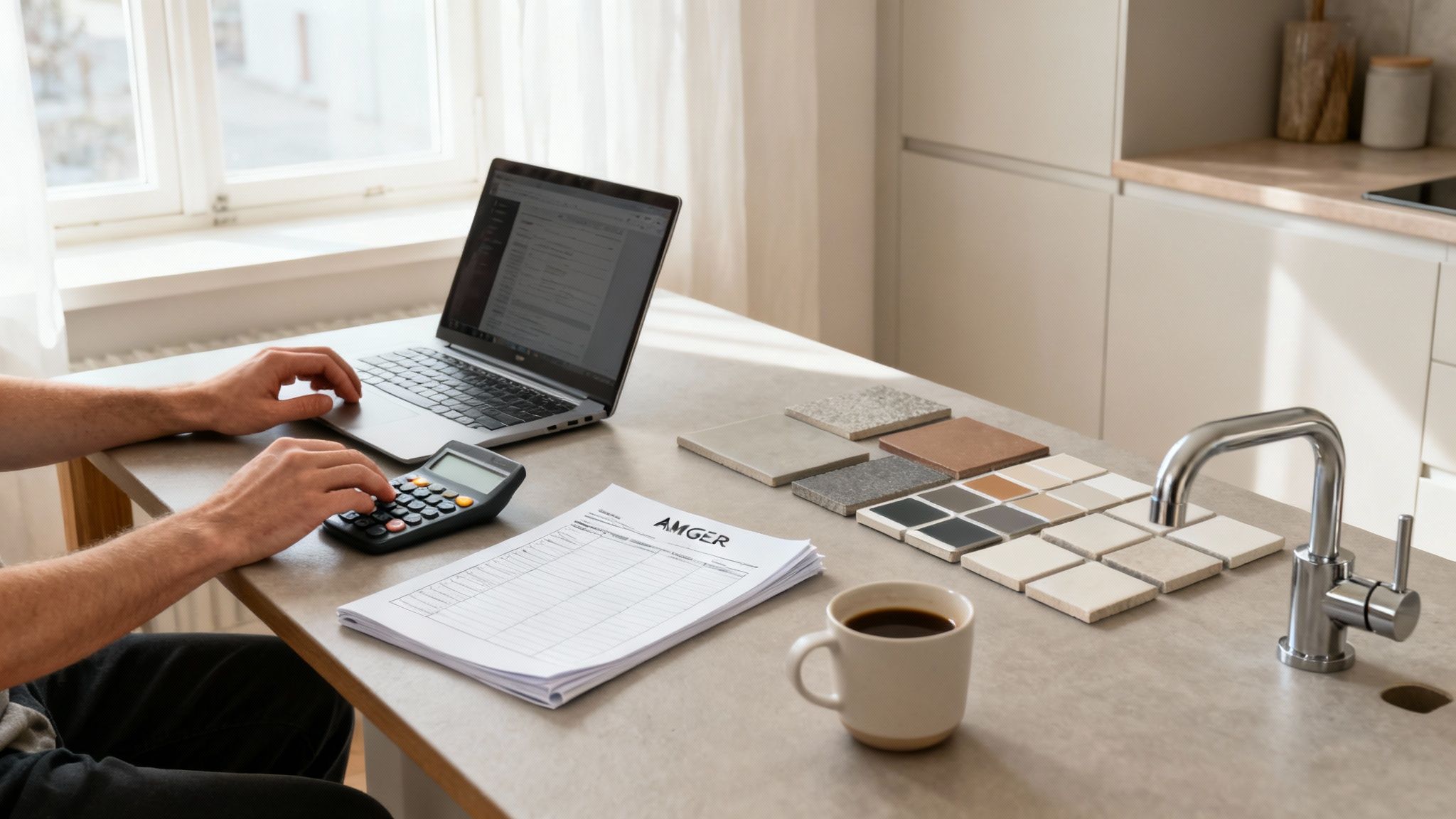 Person arbejder ved skrivebord med bærbar computer, lommeregner og flise- og materialeprøver til lejlighedsrenovering på Amager.