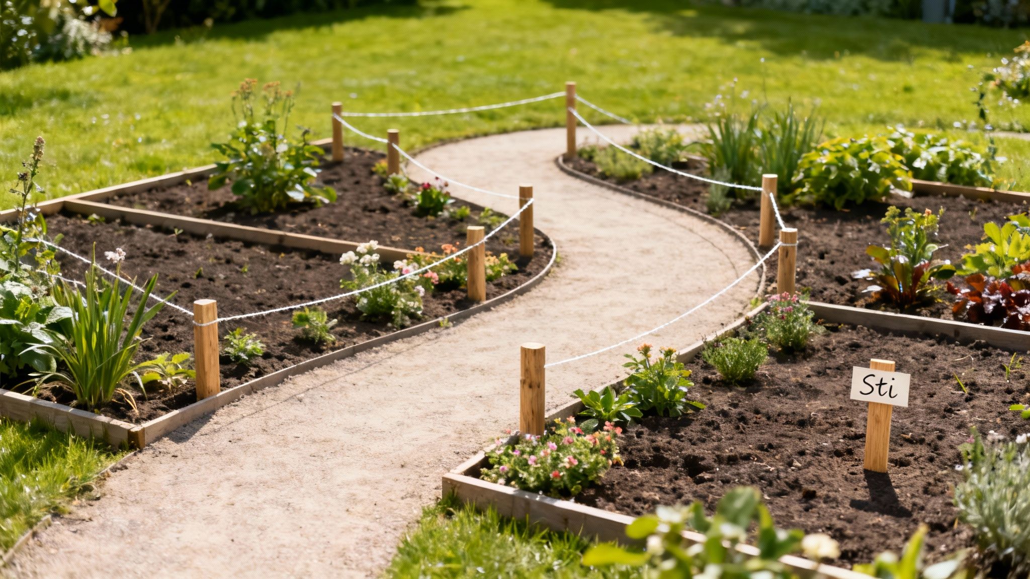 En velholdt gangsti snor sig gennem en smuk have med mange nye planter i bede.