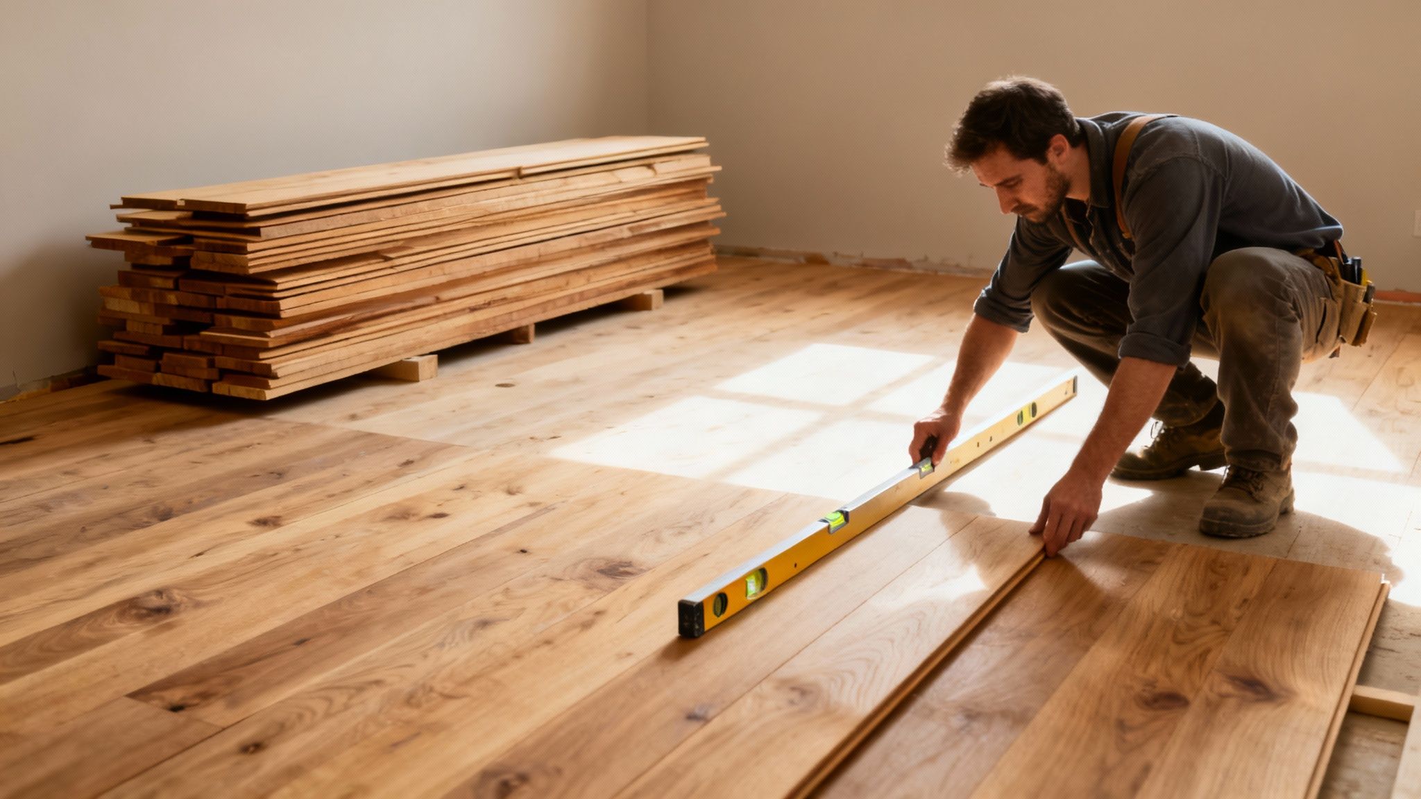 En mand lægger trægulv og tjekker med vaterpas. En stak planker ligger i baggrunden.