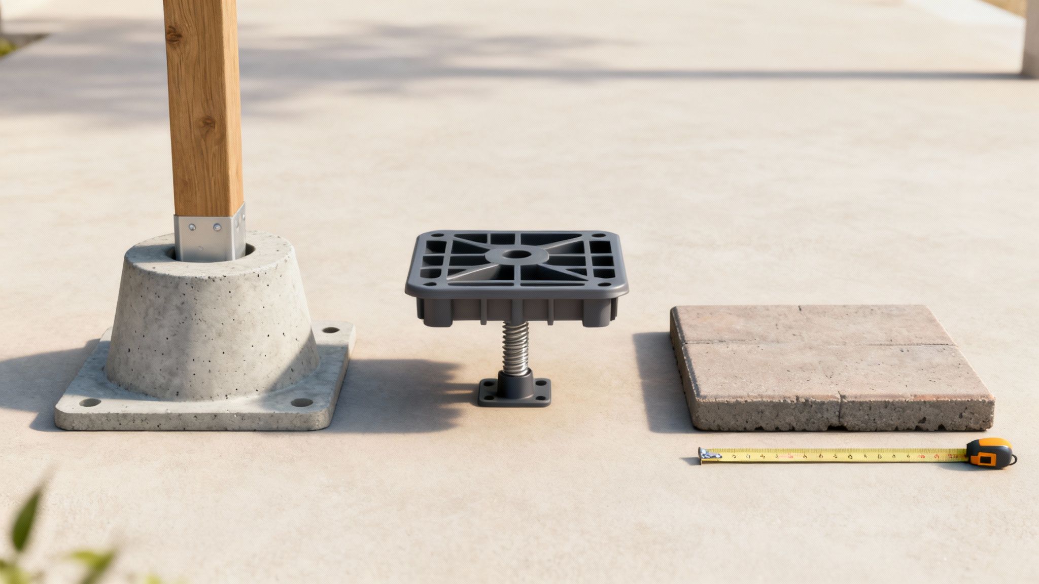 En person monterer justerbare terrassefødder på et grusunderlag som forberedelse til en træterrasse.