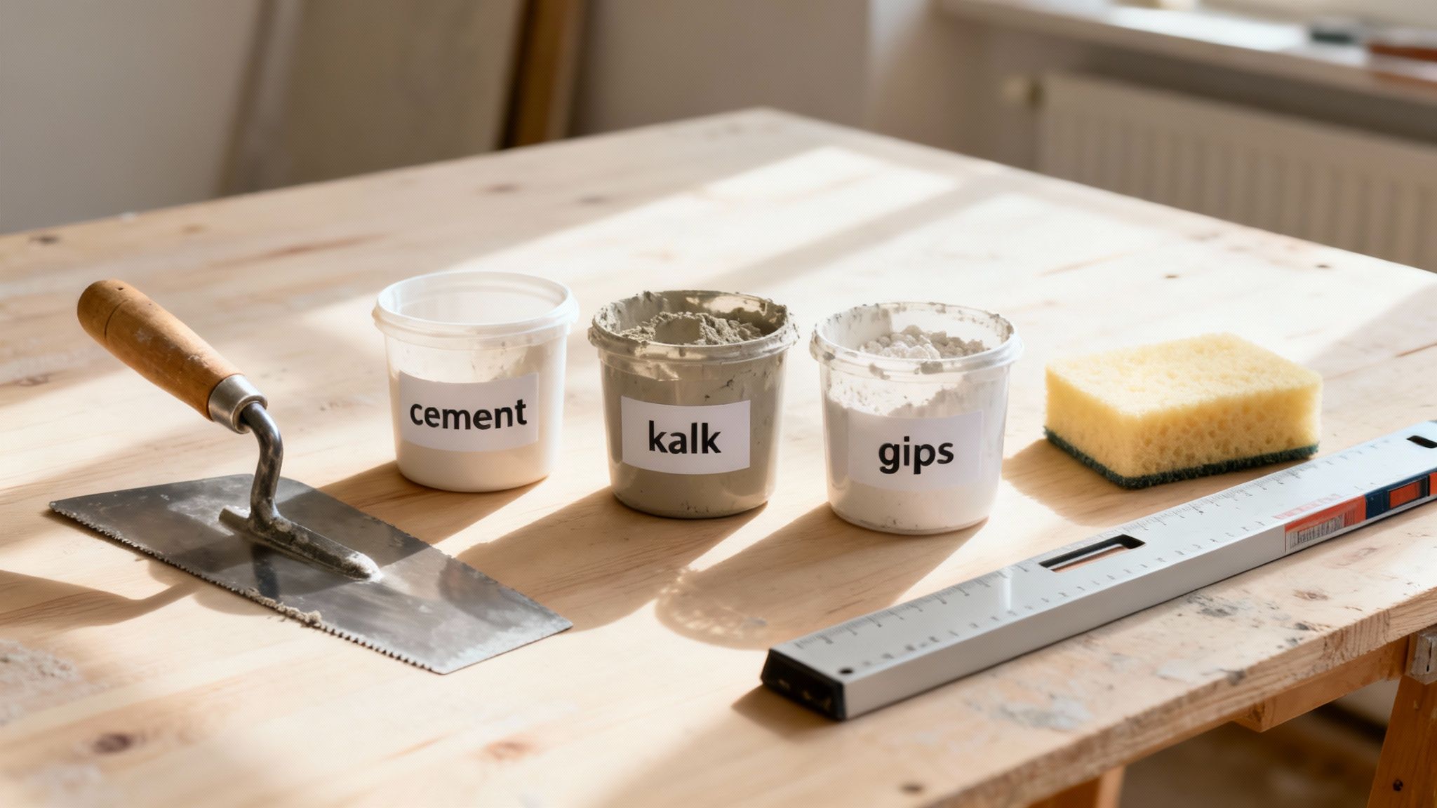 Værktøj og materialer til pudsning af væg, inklusiv spartel, cement, kalk og gips på træbord.