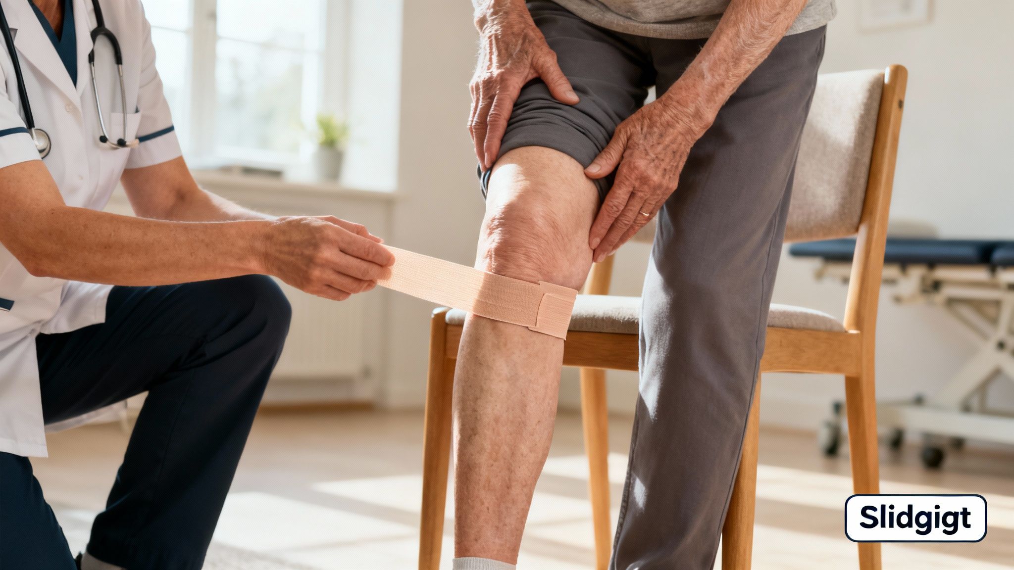 Sygeplejerske lægger forbinding på ældre persons knæ for at give støtte og smertelindring.