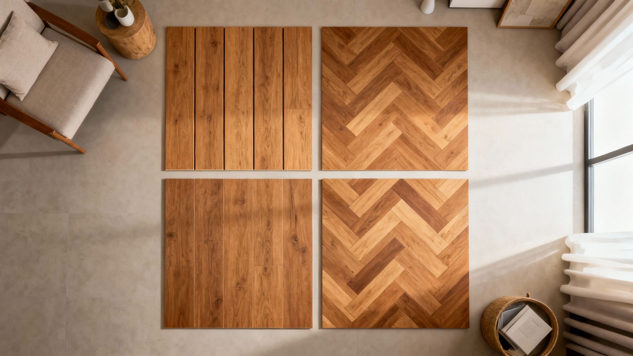 Ovenfra billede af fire forskellige trægulvsprøver (plank og sildebensmønster) udstillet på et lyst flisegulv i et rum.