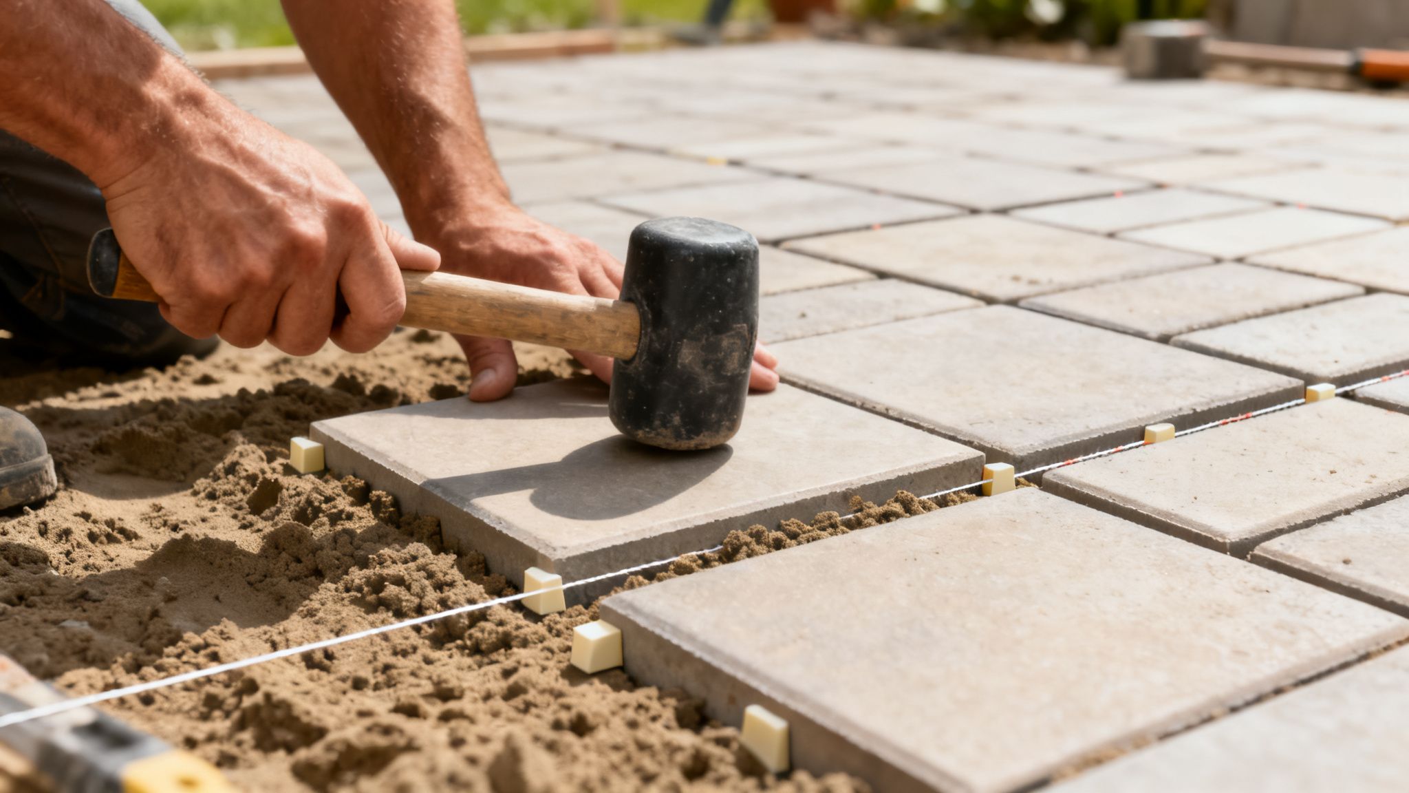 En arbejder lægger fliser i sand, og bruger en hammer til at placere dem. Afstandsstykker sikrer jævne fuger.