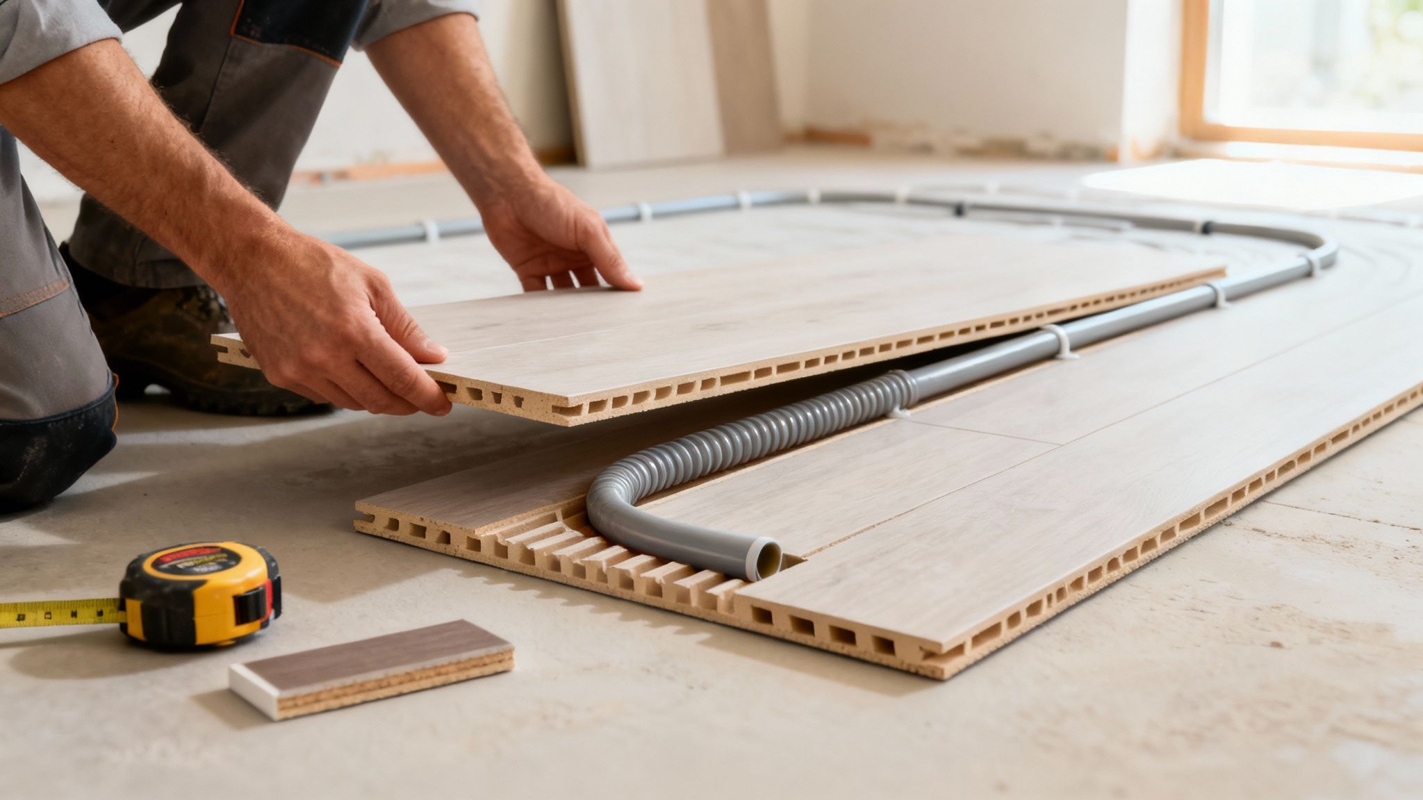 En person installerer lyse spånplader til gulvvarme med riller til rør, og et målebånd ligger på gulvet.