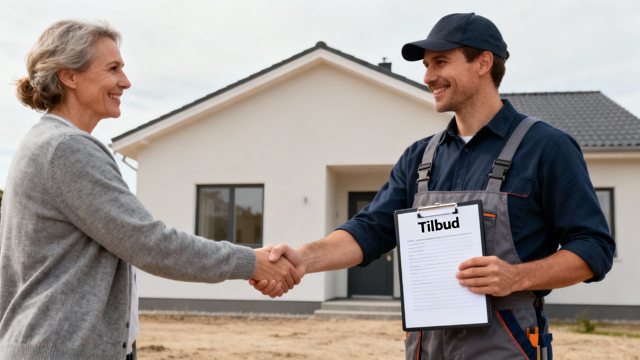 En kvinde og en smilende håndværker giver hånd foran et nybygget hus, mens han holder et tilbud.