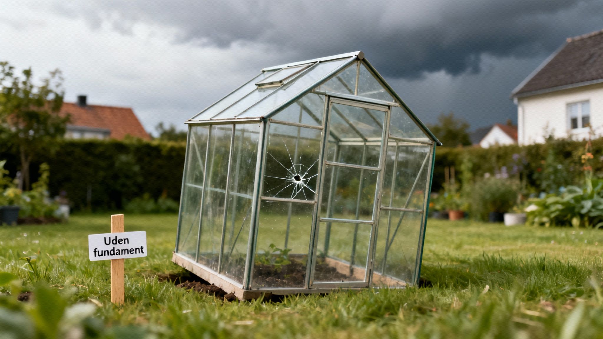 Et lille, skævt drivhus med knust rude og skiltet 'Uden fundament' under en mørk himmel.