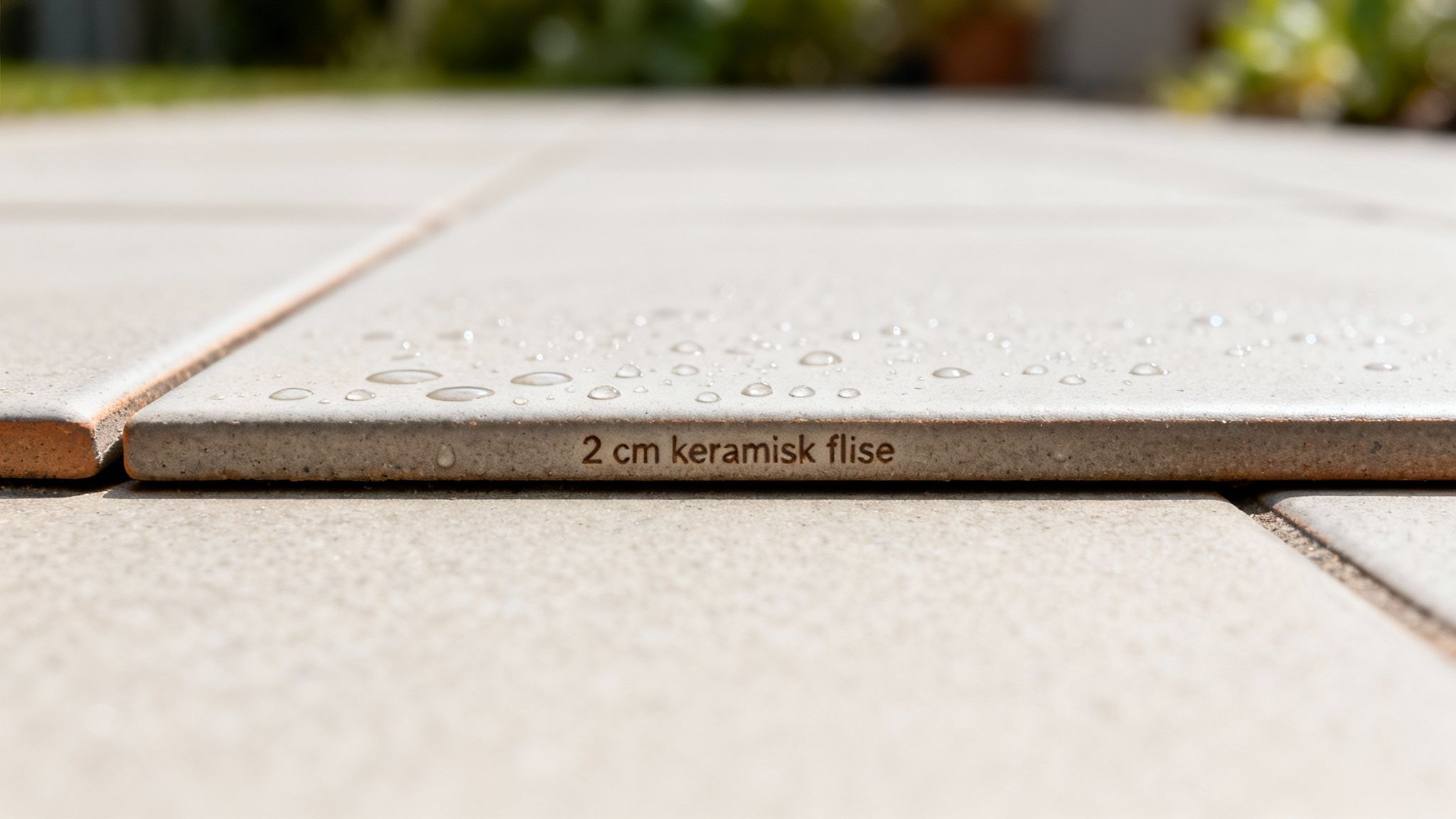 Nærbillede af en 2 cm tyk keramisk flise med vanddråber, velegnet til udendørs brug.